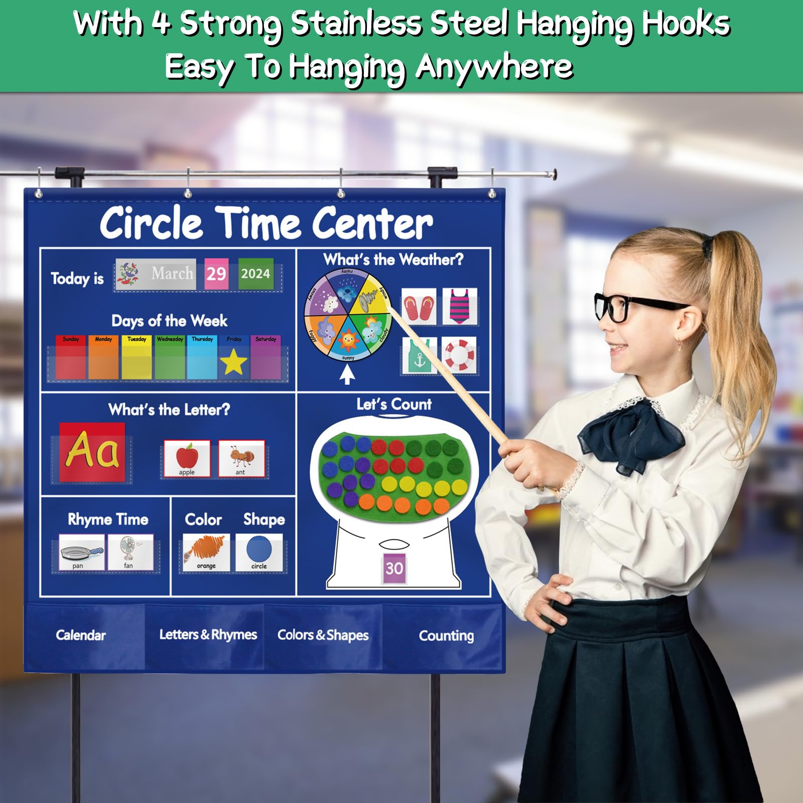 KIKIGOAL Circle Time Center Classroom Pocket Chart Educational Pocket Chart Teaching Materials Learning Calendar Weather Counting Letter Color Shape etc