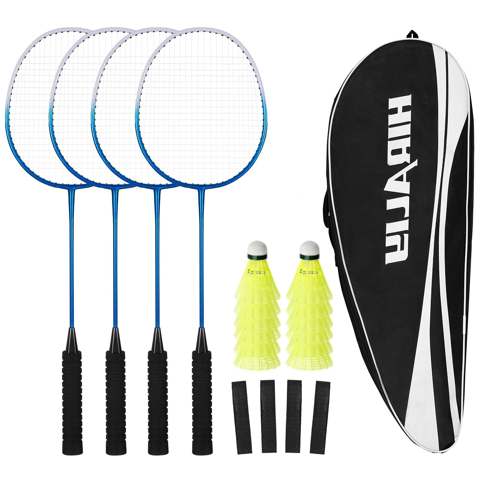 HIRALIY Badmintonschläger-Set für den Garten, leichtes Badminton-Set für 4 Personen, inkl. 4 Schläger, 12 Nylon-Federbälle, Ersatzgriffbänder, 1 Tragetasche, Outdoor-Spiele für Erwachsene, Familie, Kinder und Anfänger
