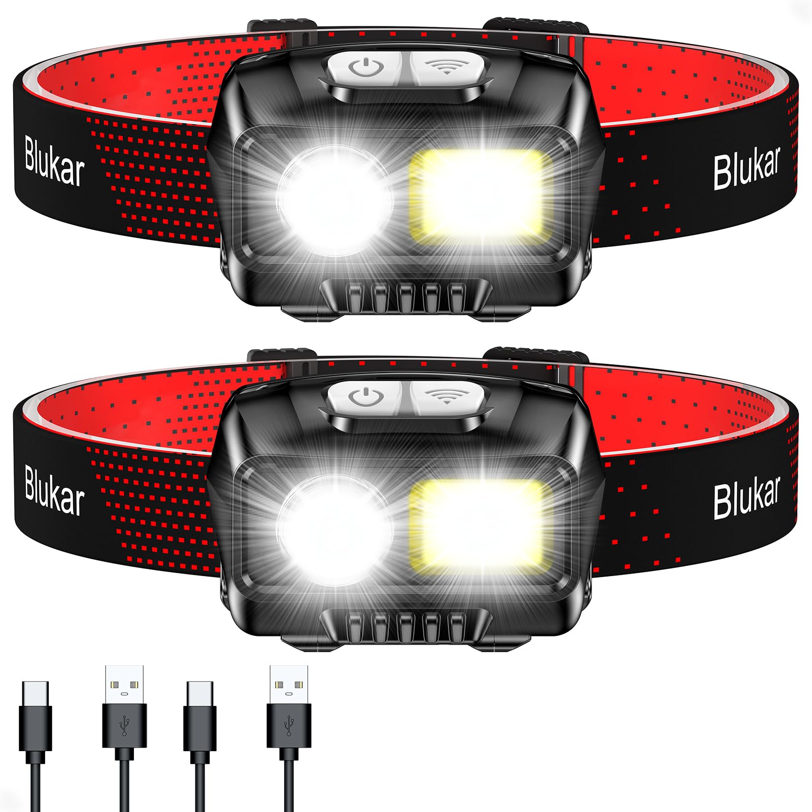 Blukar LED Stirnlampe Wiederaufladbar, 2000 Lumen Superhelle Dimmbare Kopflampe mit Bewegungssensor – 8 Modi, Punktlicht & Flutlicht, IPX5 Wasserdicht für Camping, Wandern, Laufen, Angeln – 2 Stück