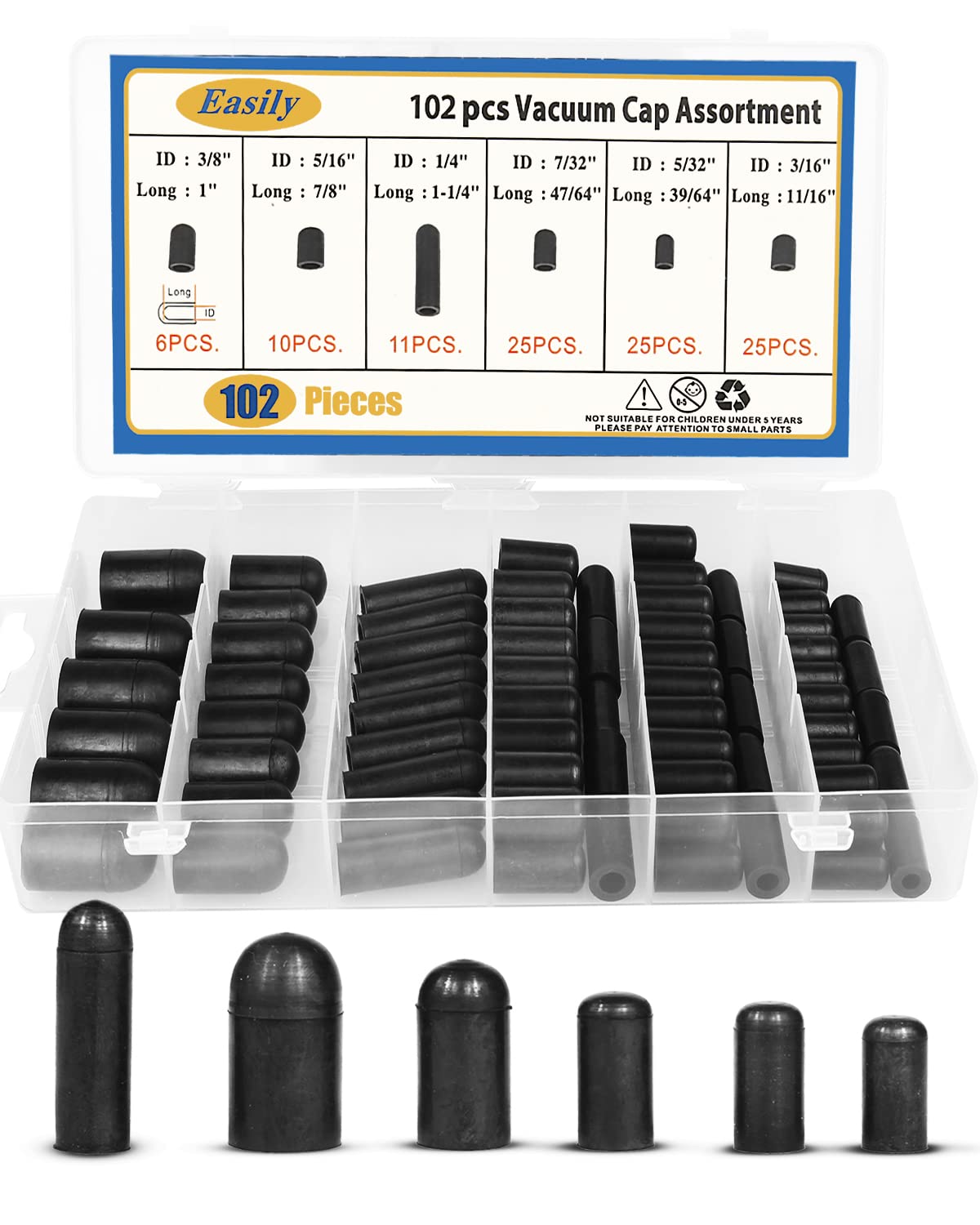 Gummivakuumkappen-Stopfensatz, 102-teiliger Vakuumstopfen-Schlauchkappen-Sortimentssatz für Vergaser, Ansaugkrümmer, Automobil 3/16'' 5/16" 7/32" 1/4" 5/32'' 3/8''