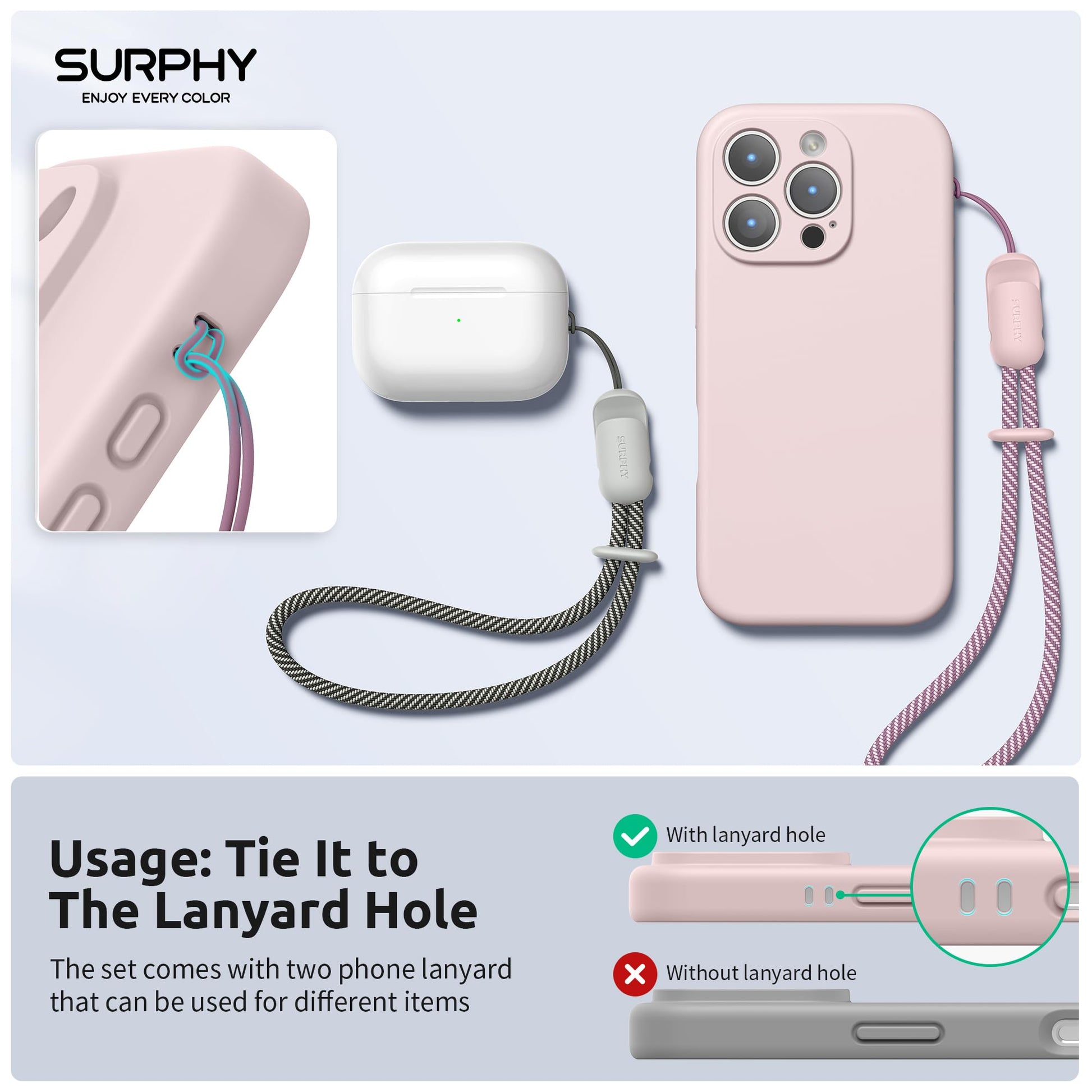 SURPHY 2 Pack Phone Lanyard for Cellphone Case, Phone Wrist Strap for Case, Cellphone Strap with 2-Color Braided, Charm Wrist Lanyard for Women and Men, Pink & Gray