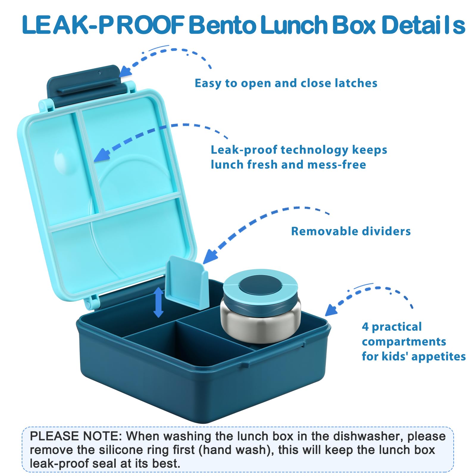 Bento Lunch Box Set for Kids with 8oz Soup Thermo, Leak-Proof Lunch Containers with 4 Compartment, Kids Thermo Hot Food Jar and Insulated Lunch Bag for Kid to School-Blue