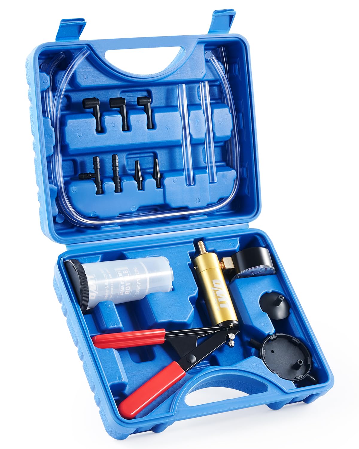 Orion Motor Tech Bremsentlüfter-Kit mit Handvakuumpumpe und Adaptern, Bremsentlüftungs-Kit für Bremsflüssigkeit, Servolenkungsflüssigkeit uvm., Vakuum-Bremsenentlüfterpumpe mit Manometer