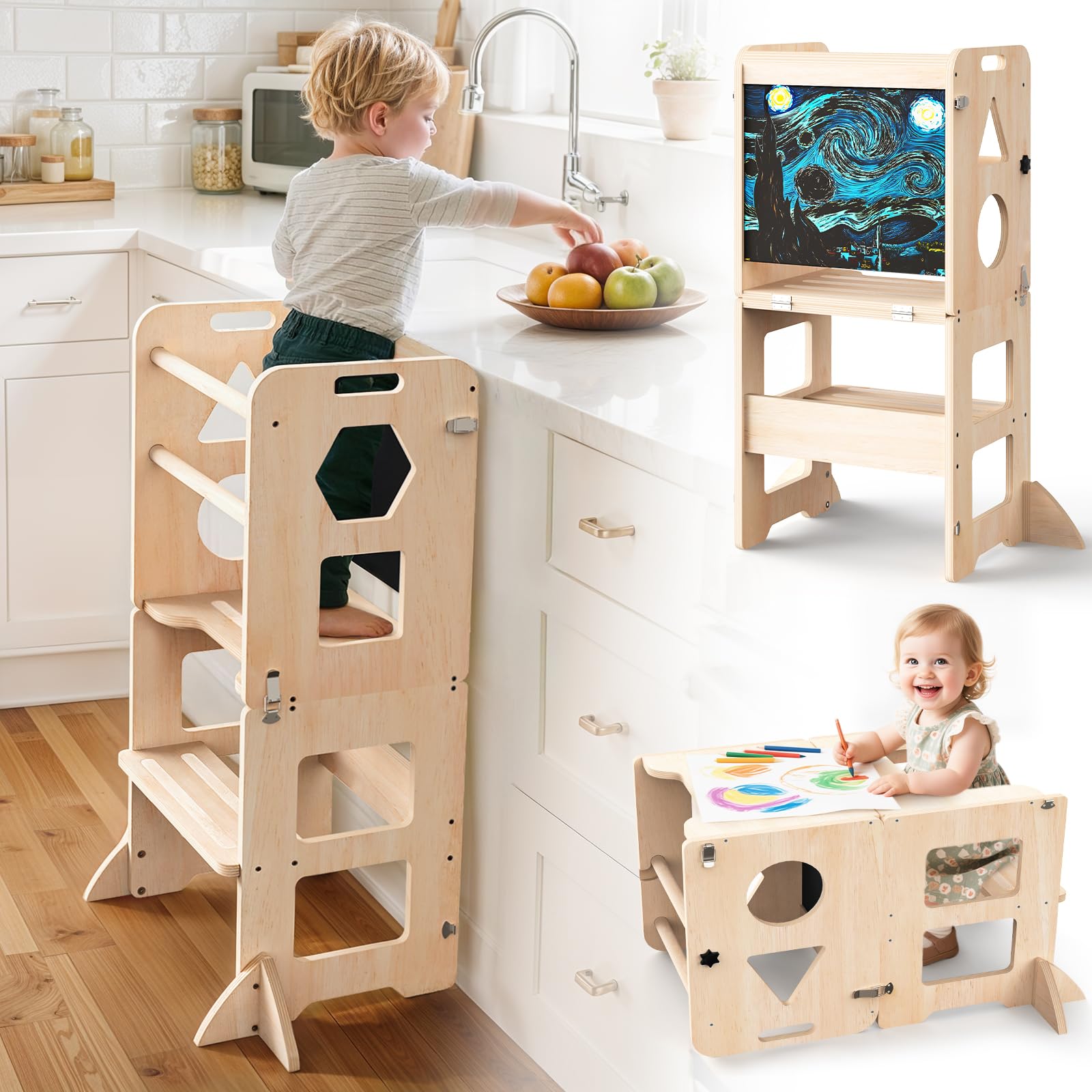 Woodure 4-in-1 Toddler Kitchen Step Stool, Foldable Learning Standing Tower with Blackboard, Wooden Kitchen Stool Helper for Kids, 1-3 Year Old Boy Girl Gifts