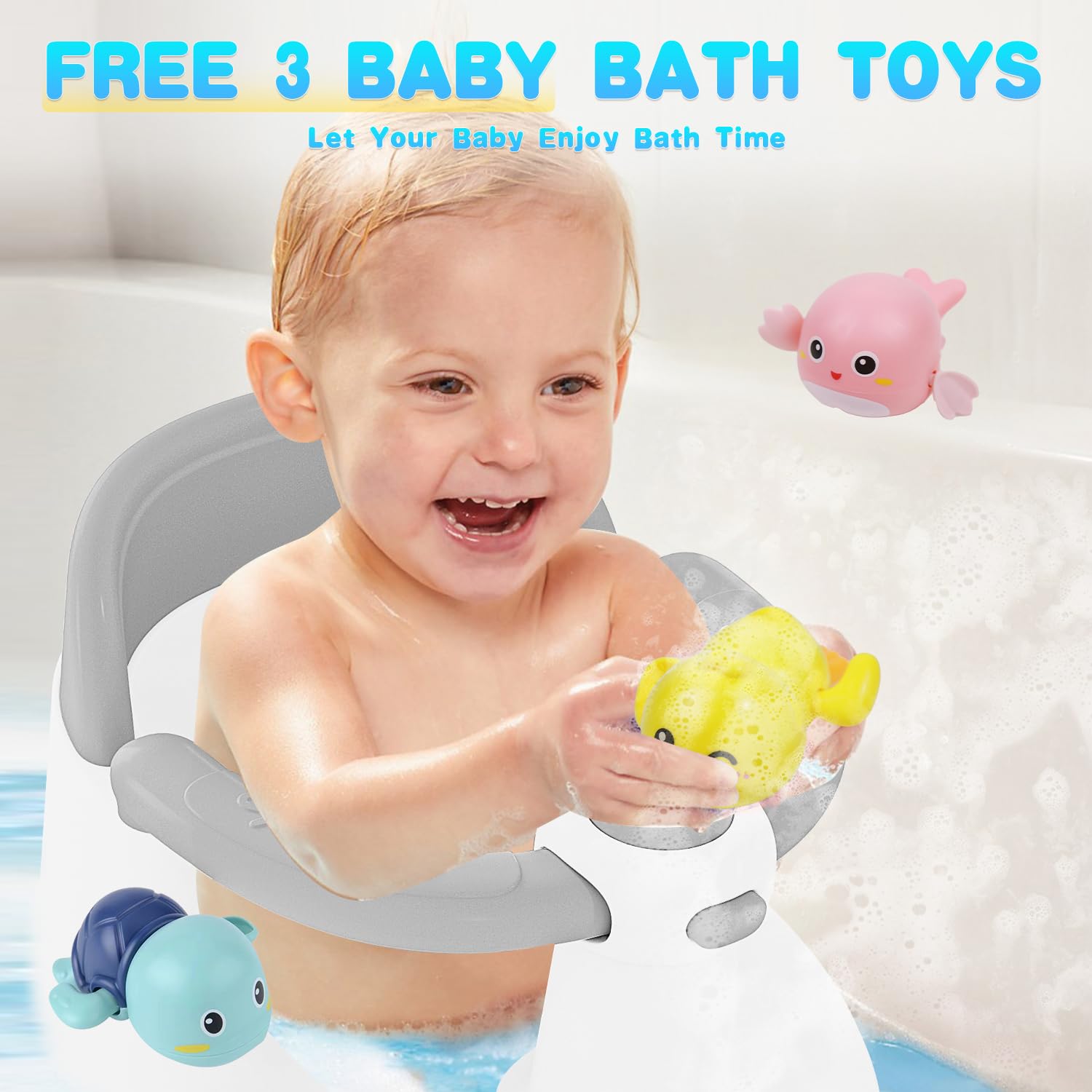 Baby Bath Seat for Babies 6 Months & Up, Bath Seats for Babies Sitting Up, 3 Baby Bath Toys, Open Design, Non-Slip, Compact Toddler Bath Seat.
