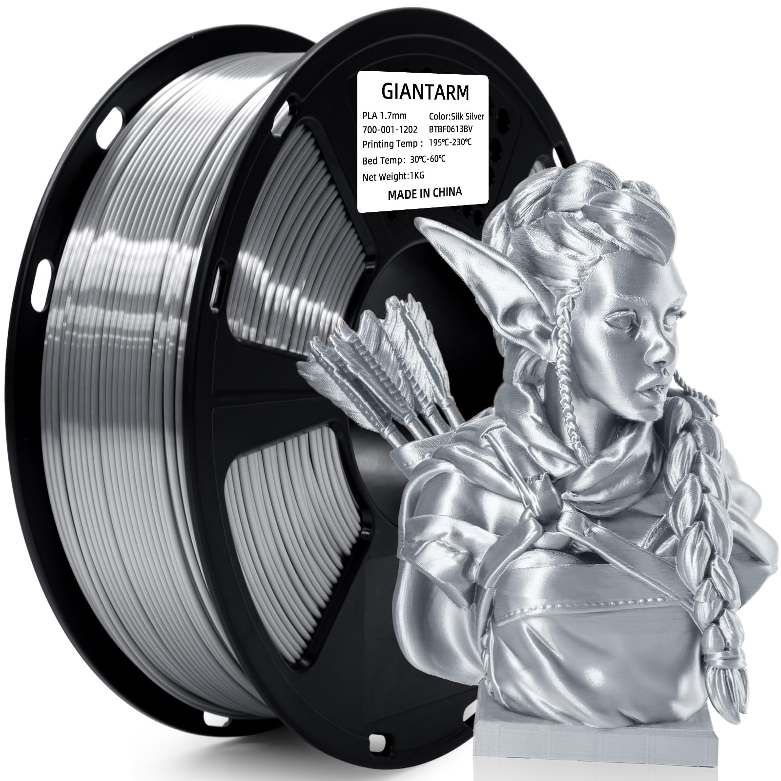 GIANTARM Silk Metallic Silver PLA 3D Printer Filament 1kg Spool، دقة الأبعاد 1.75 ملم +/-0.03 ملم، 1080 قدم لكل لفة، تغليف مفرغ
