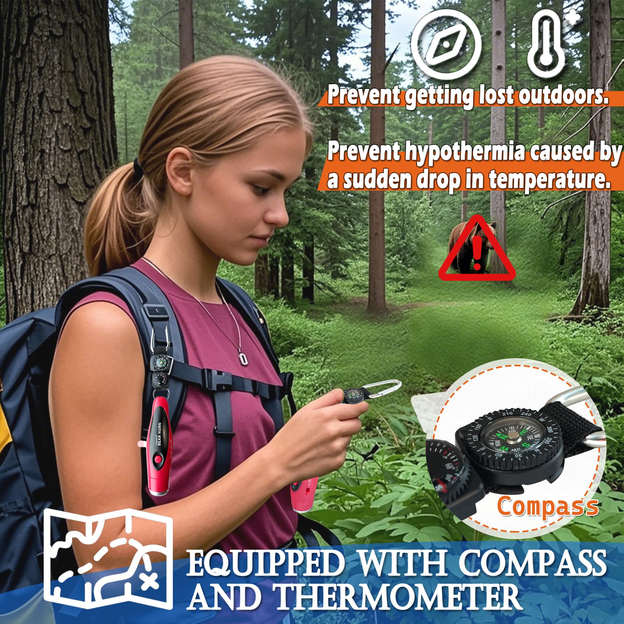 JIUSAIRUI 120dB Electronic Air Horn with Compass & Thermometer- Bear Horn to Scare Bears - Self Defense for Hiking
