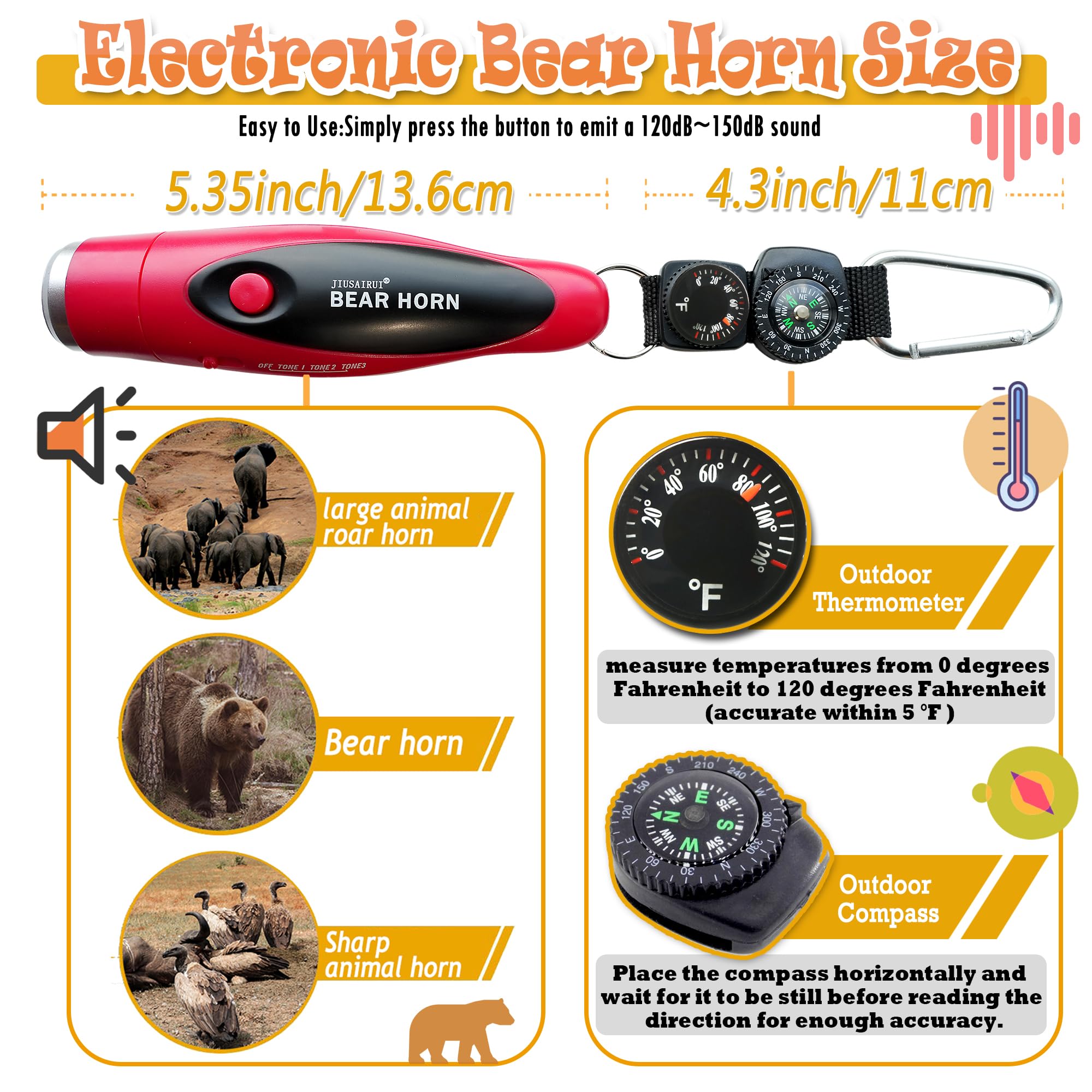 JIUSAIRUI 120dB Electronic Air Horn with Compass & Thermometer- Bear Horn to Scare Bears - Self Defense for Hiking