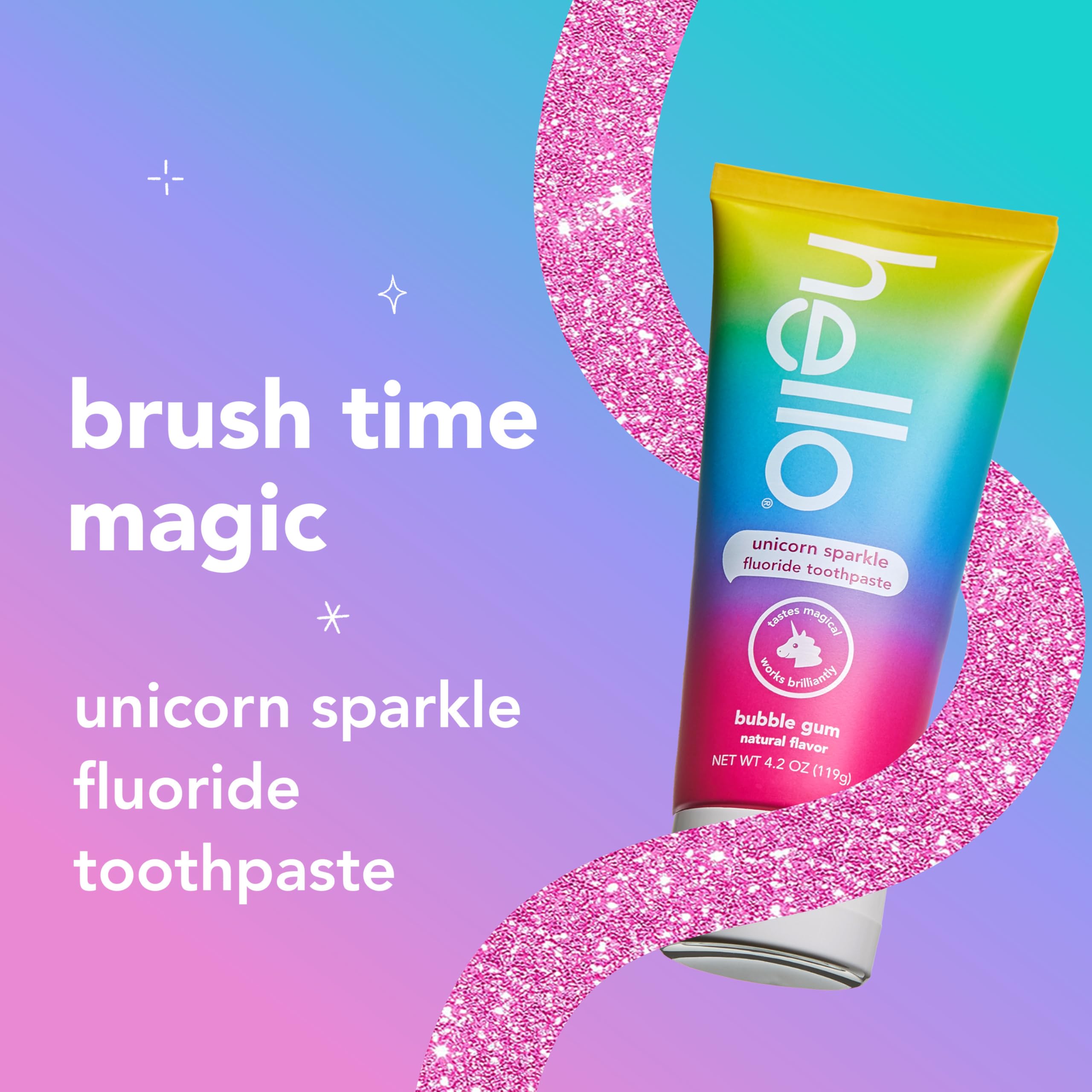 hello Unicorn Sparkle Kids Fluoride Toothpaste, Natural Bubble Gum Flavor, ADA Approved, Ages 2+, No Artificial Sweeteners, No SLS, Gluten Free, Vegan, Pack of 3, 4.2 oz Tubes