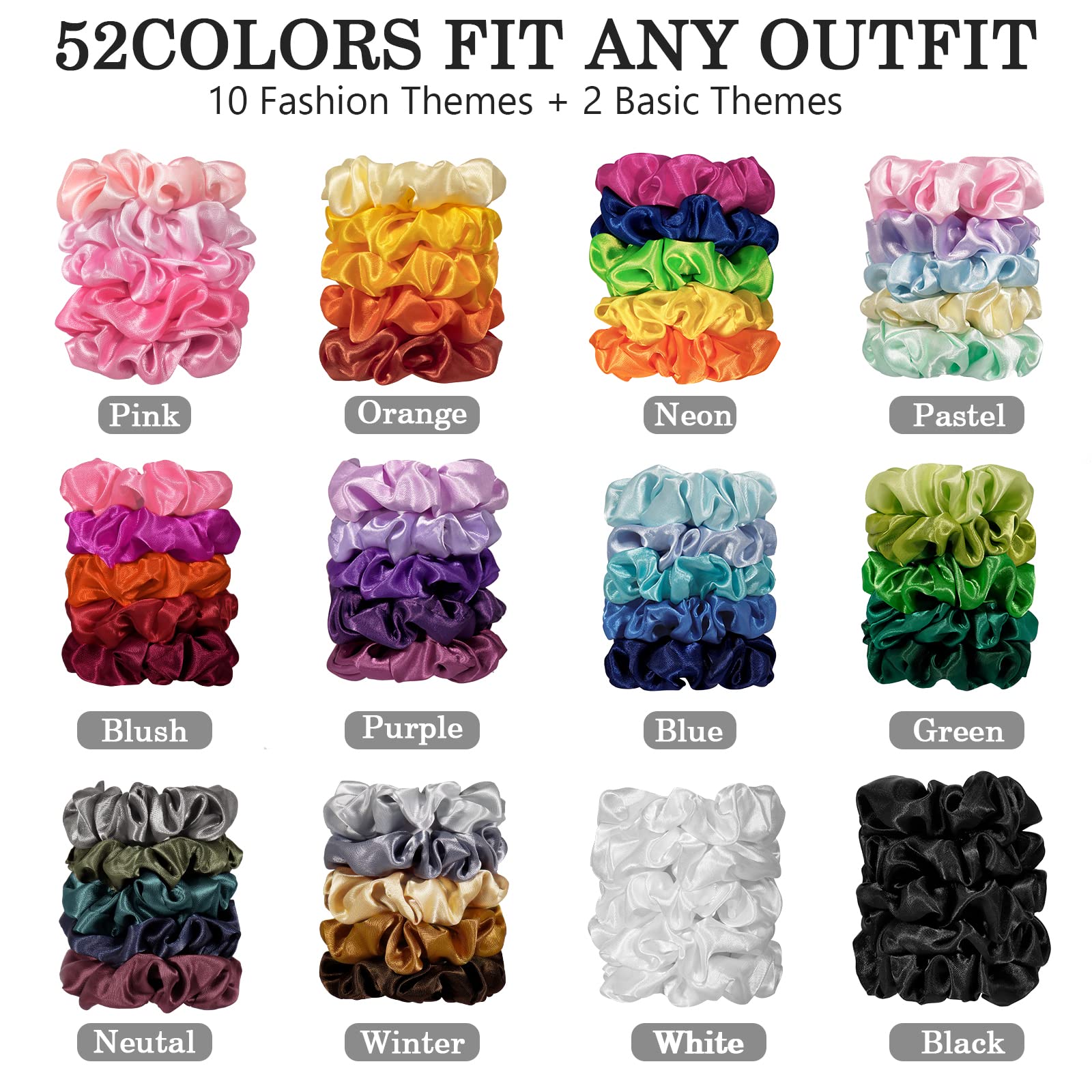 ADRIONE Satin Scrunchies for Women & Girls - 60 Pack Silk Scrunchies for Curly Hair
