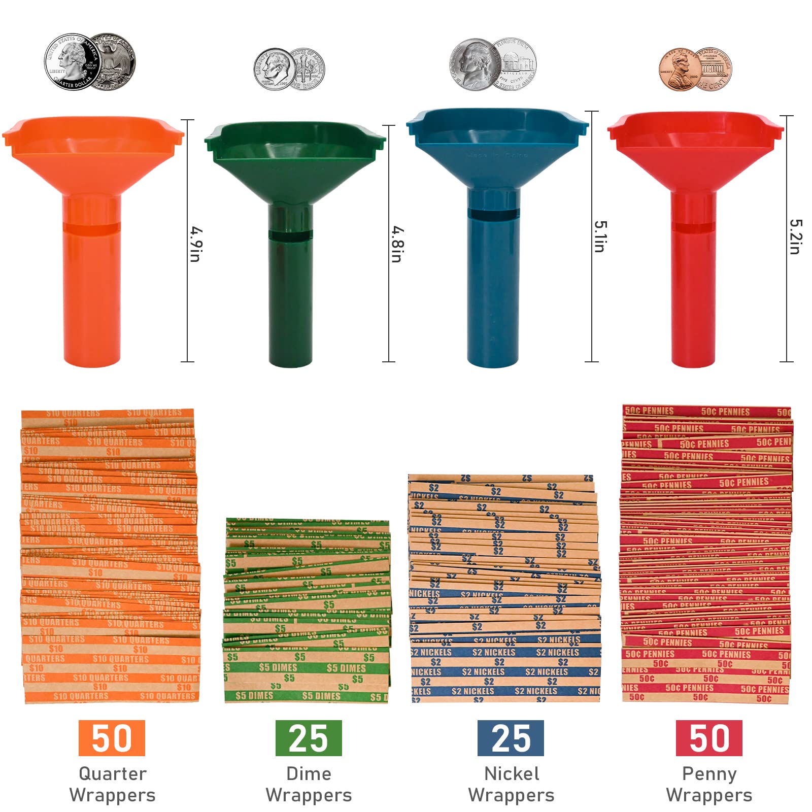 L LIKED 150 Assorted Flat Striped Coin Wrappers & 4 Coin Sorters Tubes, Color-Coded Coin Counters, Easy to Load