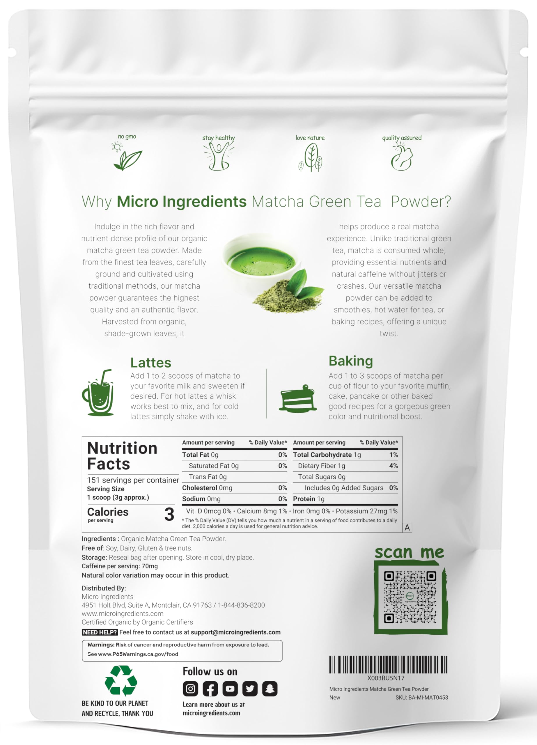Micro Ingredients Organic Matcha Green Tea Powder, 1 lb | First Harvest, Culinary Grade from Japan | 100% Pure & Unflavored | Great for Tea, Latte & Smoothies | Non-GMO, No Sugar, Eco-Friendly Packaging
