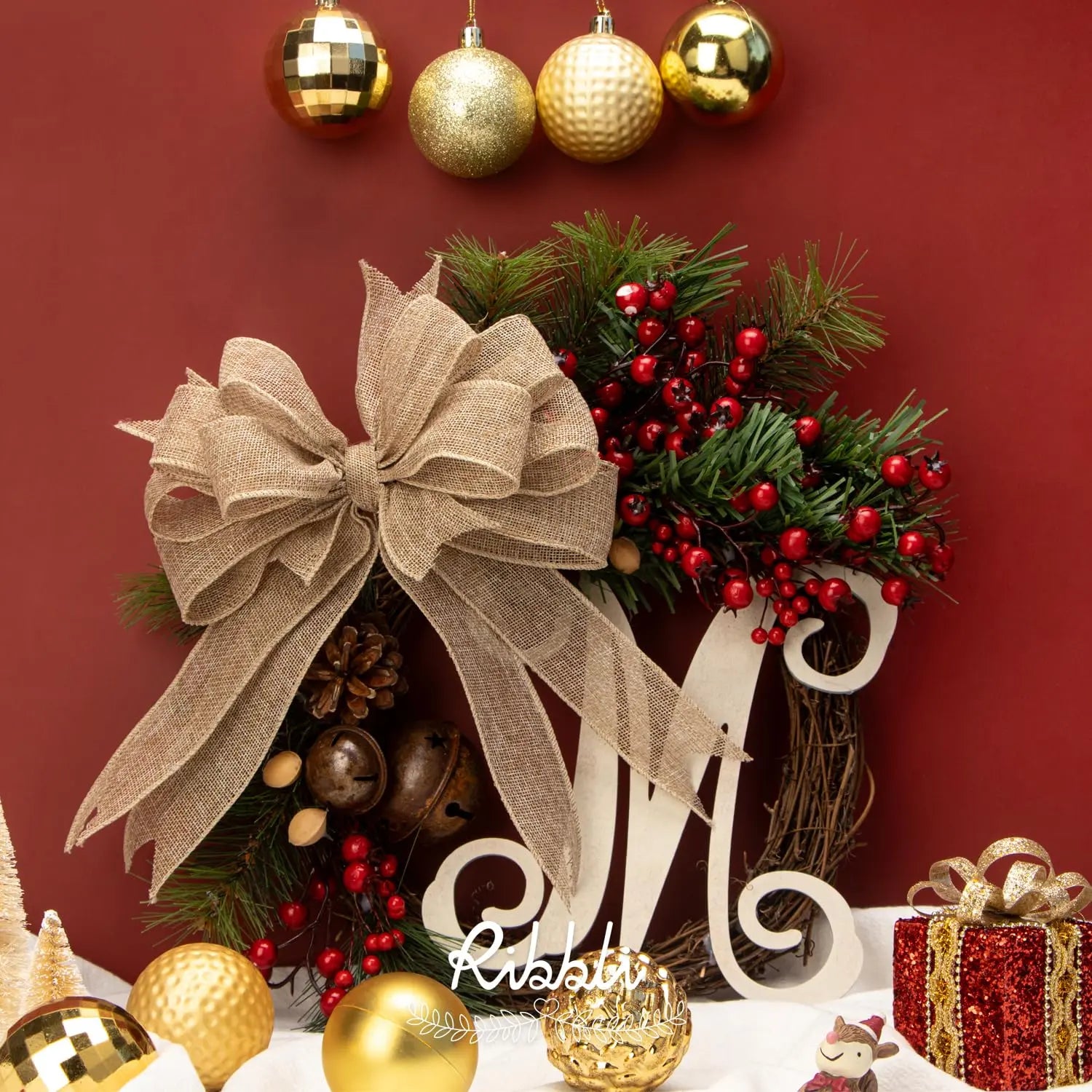 Ribbli Burlap Wired Edge Ribbon,1-1/2 Inch x 10 Yard,Natural,Solid for Big Bow,Wreath,Tree, Outdoor Decoration