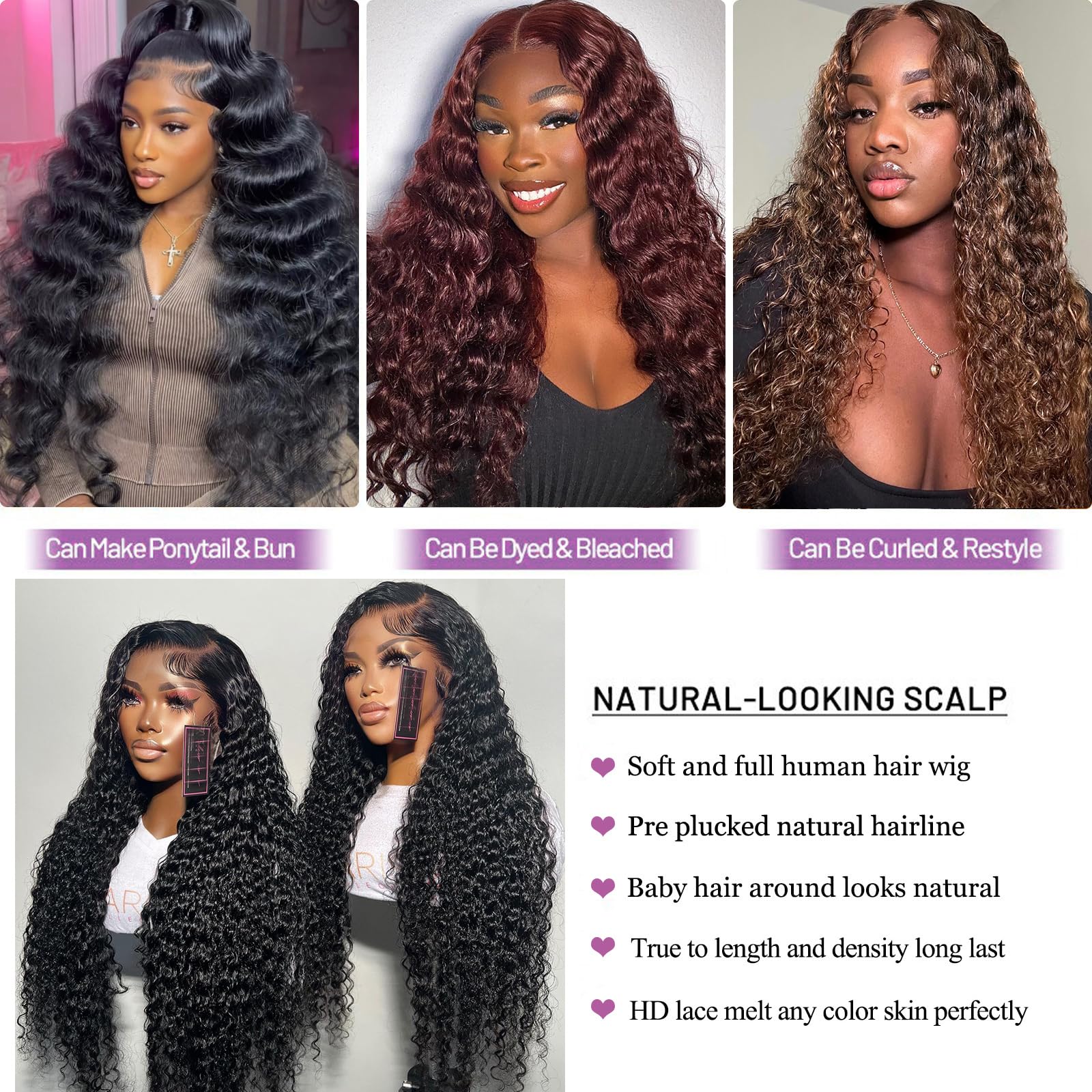 SICNPRW 32 Inch 13x6 Deep Wave Lace Front Wigs Human Hair HD Lace Front Wigs Human Hair Pre Plucked 200 Density Glueless 13x6 Deep Curly Frontal Wigs Human Hair for Women