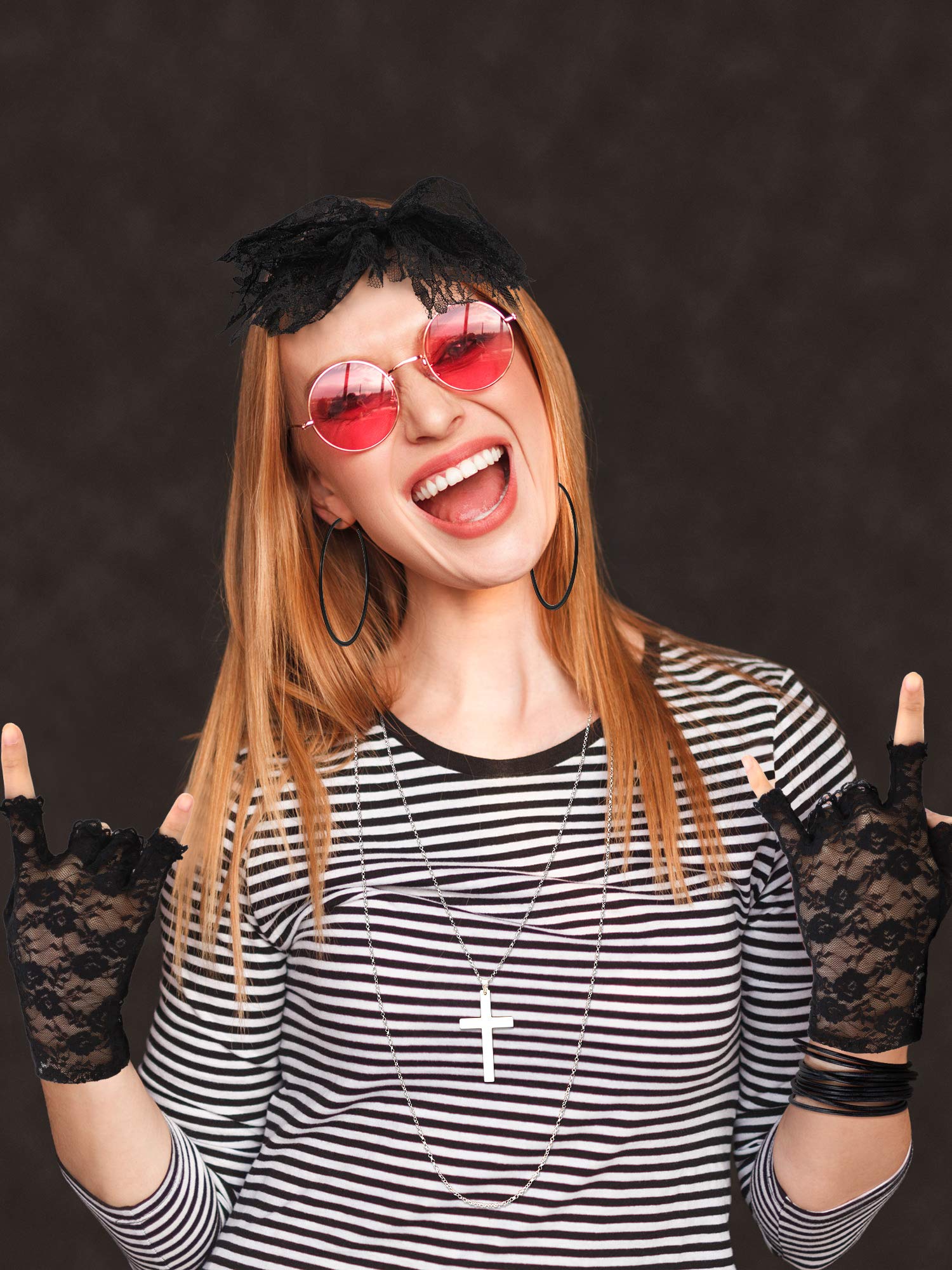 Blulu 80s Fancy Dress Costume Accessories Lace Headband Earrings Fishnet Gloves Necklace Bracelet for 80s Retro Party (Black)