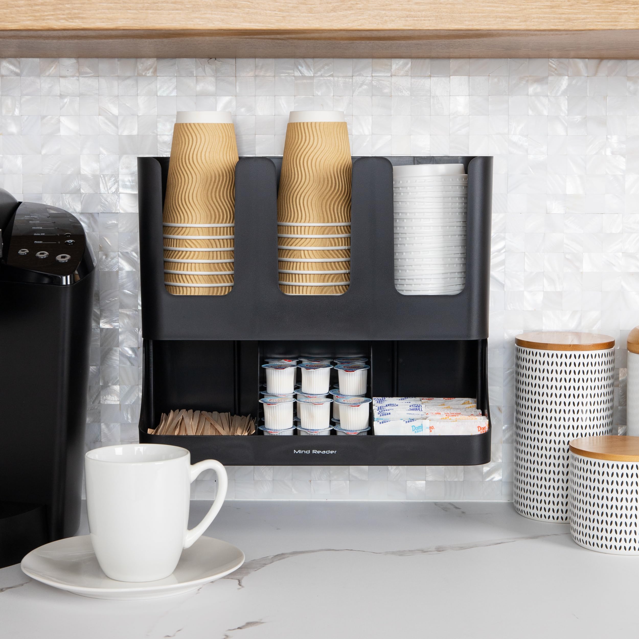 Mind Reader 6 Compartment Upright Breakroom Coffee Condiment and Cup Storage Organizer, Black