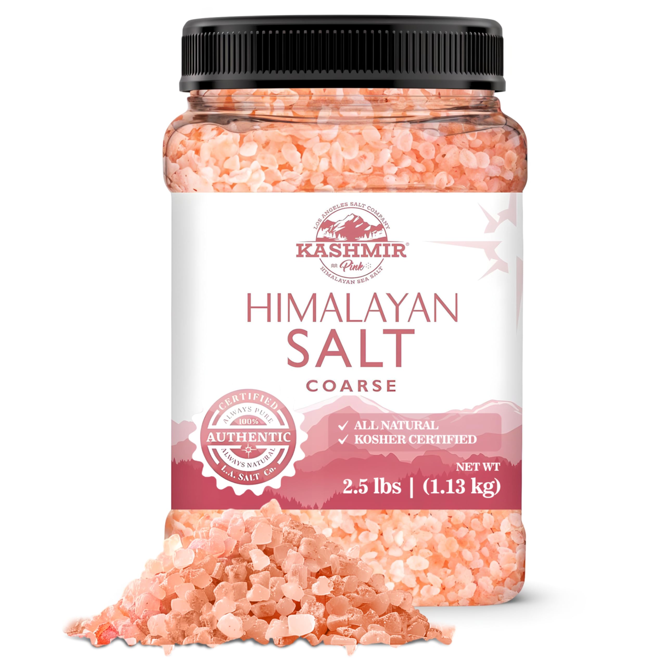 LA SALT CO Kaschmir 2,5 Lbs Rosa Himalaya-Salzglas, grob | 100 % rein, lebensmittelecht mit 84 Spurenelementen | Koscher zertifiziert, vegan, gentechnikfrei und tierversuchsfrei (Glasstil kann variieren)