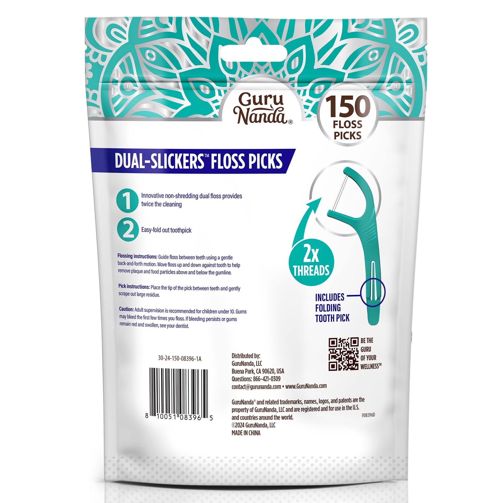 GuruNanda Dual Slickers Floss Picks - Double Threaded Dyneema Dental Floss with Foldable Toothpick for Effective Plaque Removal - Unflavored- 150 Ct