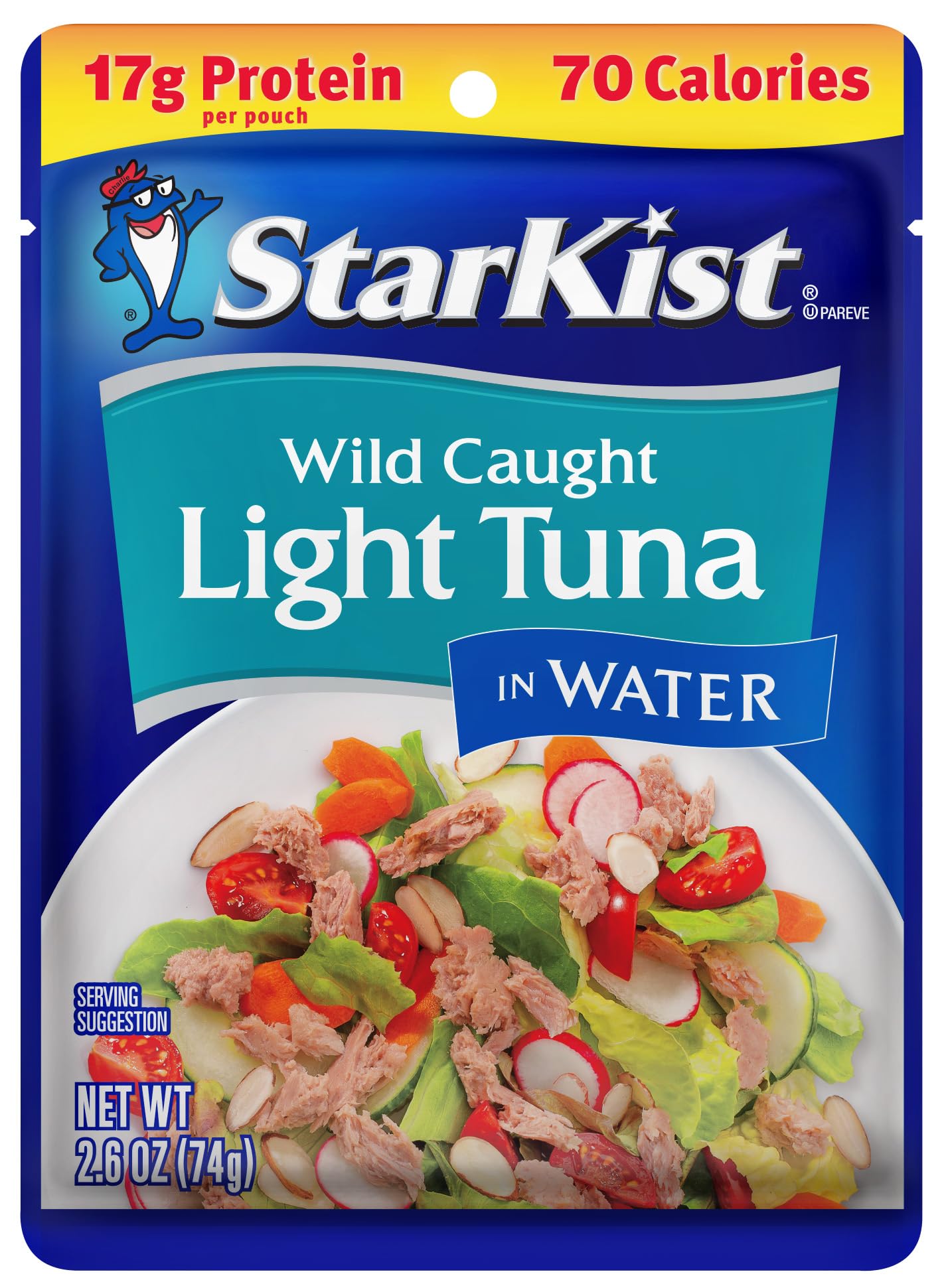 StarKist Chunk Light Tuna in Water, 2.6 oz Pouch (1 Pack) Ready to Eat Wild Caught Tuna, 17g Protein, 70 Calories Per Serving, Gluten Free, Soy Free, Kosher, Perfect for Salads, Keto Meals and Snacks