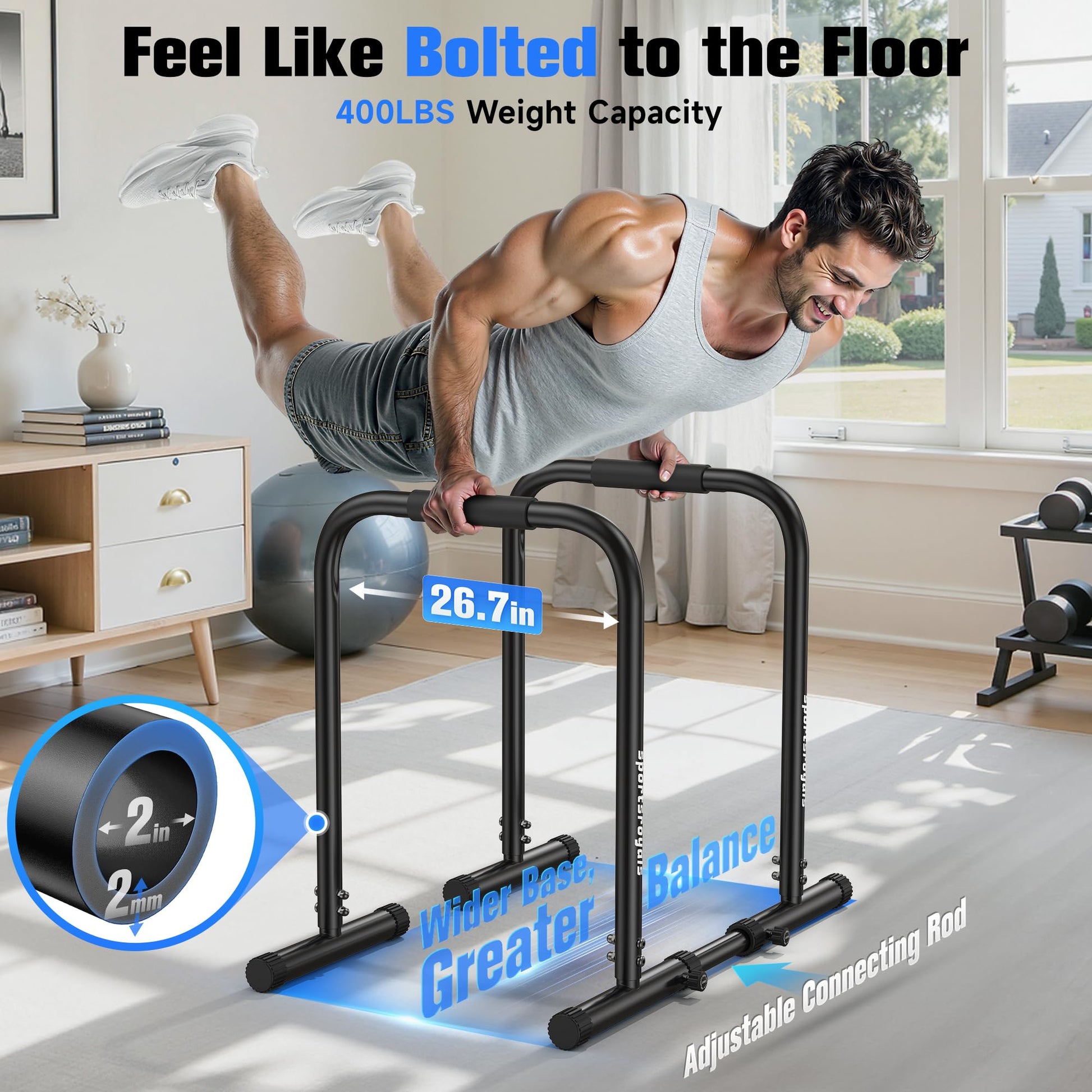 Sportsroyals Adjustable Dip Bar Station, Heavy Duty Parallette & Parallel Bars, 400LBS Stable Dip Stands for Home Gym, Calisthenics & Upper Body Workout Equipment