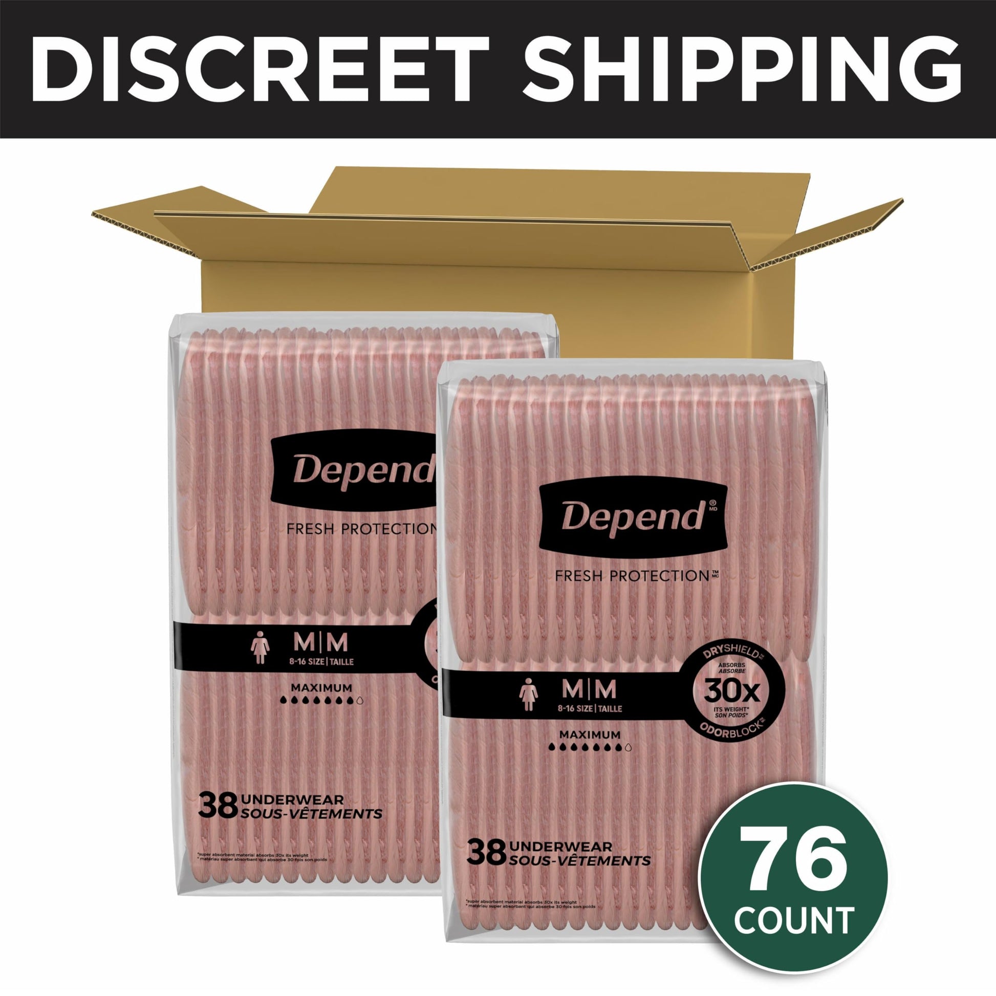 Depend Fresh Protection Adult Incontinence & Postpartum Bladder Leak Underwear for Women, Disposable, Maximum, Medium, Blush, 76 Count (2 Packs of 38), Packaging May Vary