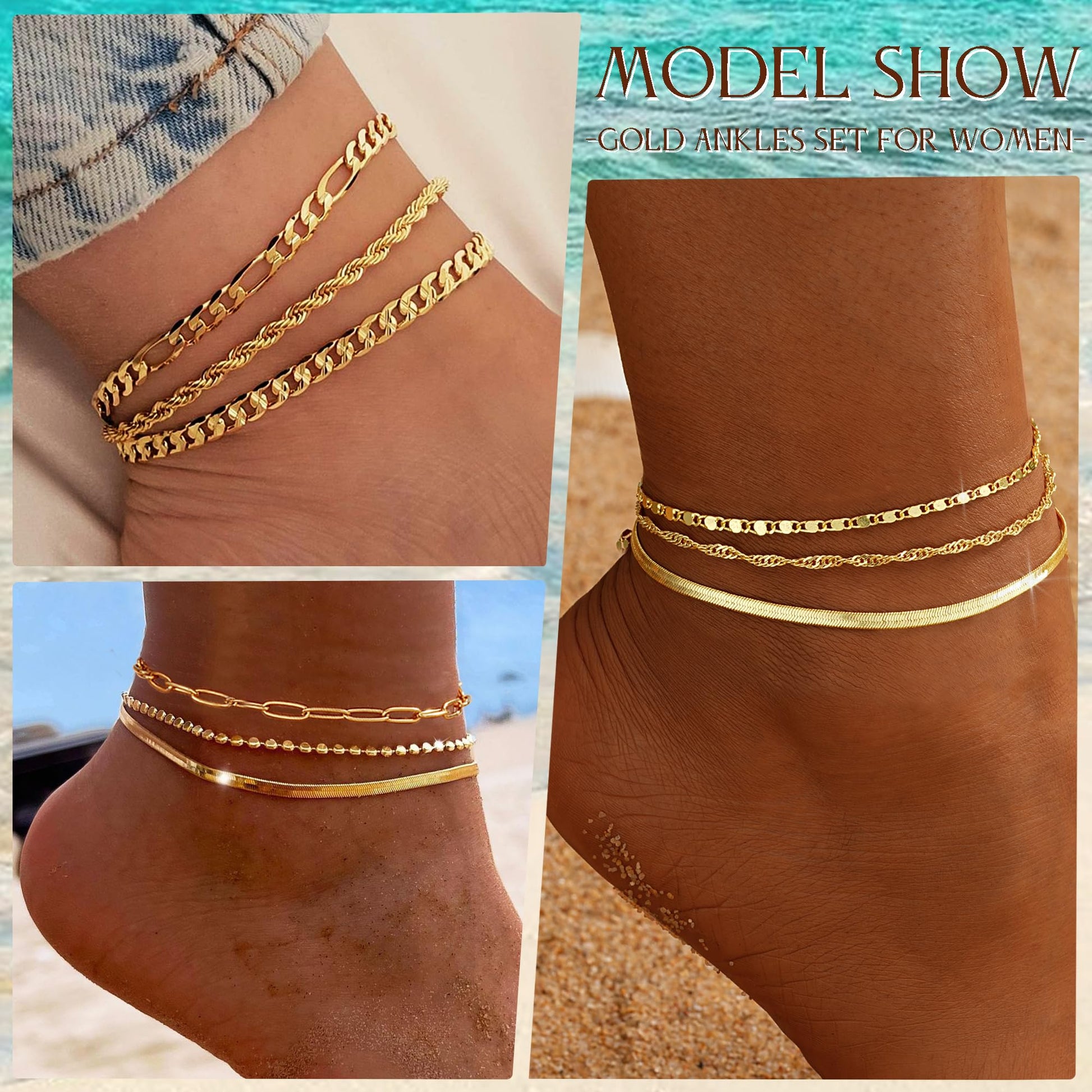 iF YOU Gold Ankle Bracelets for Women, 14k Gold Plated Waterproof Cuban Link Chain Anklets Set, Layered Anklet Bracelets for Women Beach Gift Adjustable Size 5pc