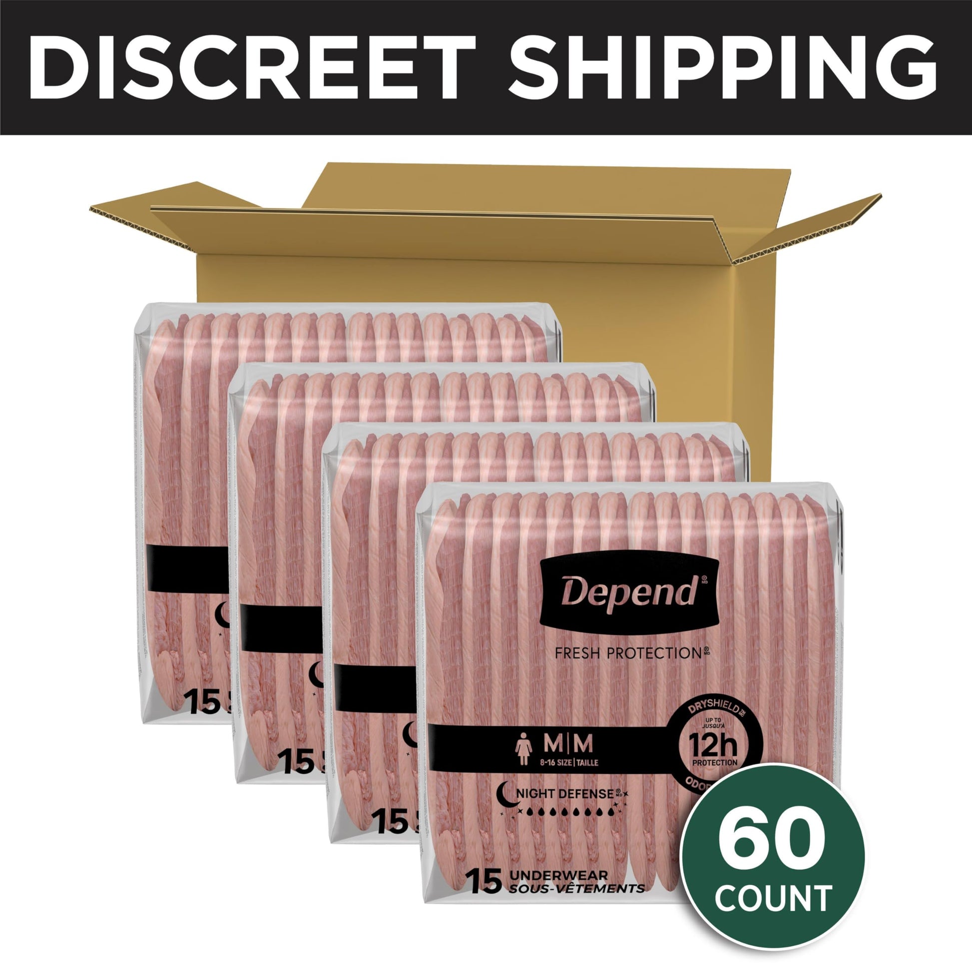 Depend Night Defense Adult Incontinence & Postpartum Bladder Leak Underwear for Women, Disposable, Overnight, Medium, Blush, 60 Count (4 Packs of 15), Packaging May Vary