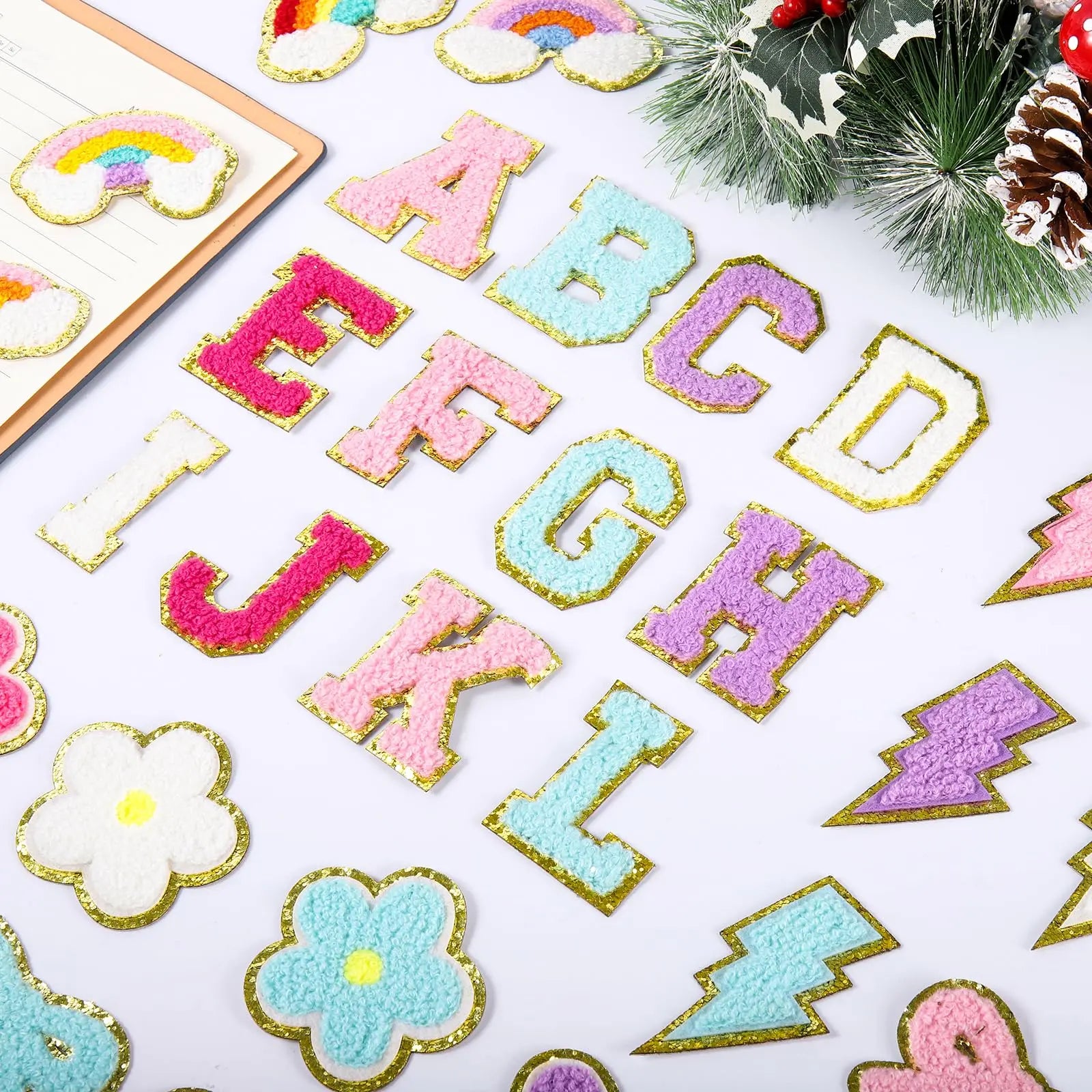 72 Pcs Preppy Chenille Patches Self Adhesive Embroidered for DIY Clothing,Include 52 A-Z Chenille Letter Patches Stickers,20 Rainbow Flower Lighting Bowknot Stick on Patches for Bags Backpacks Hats