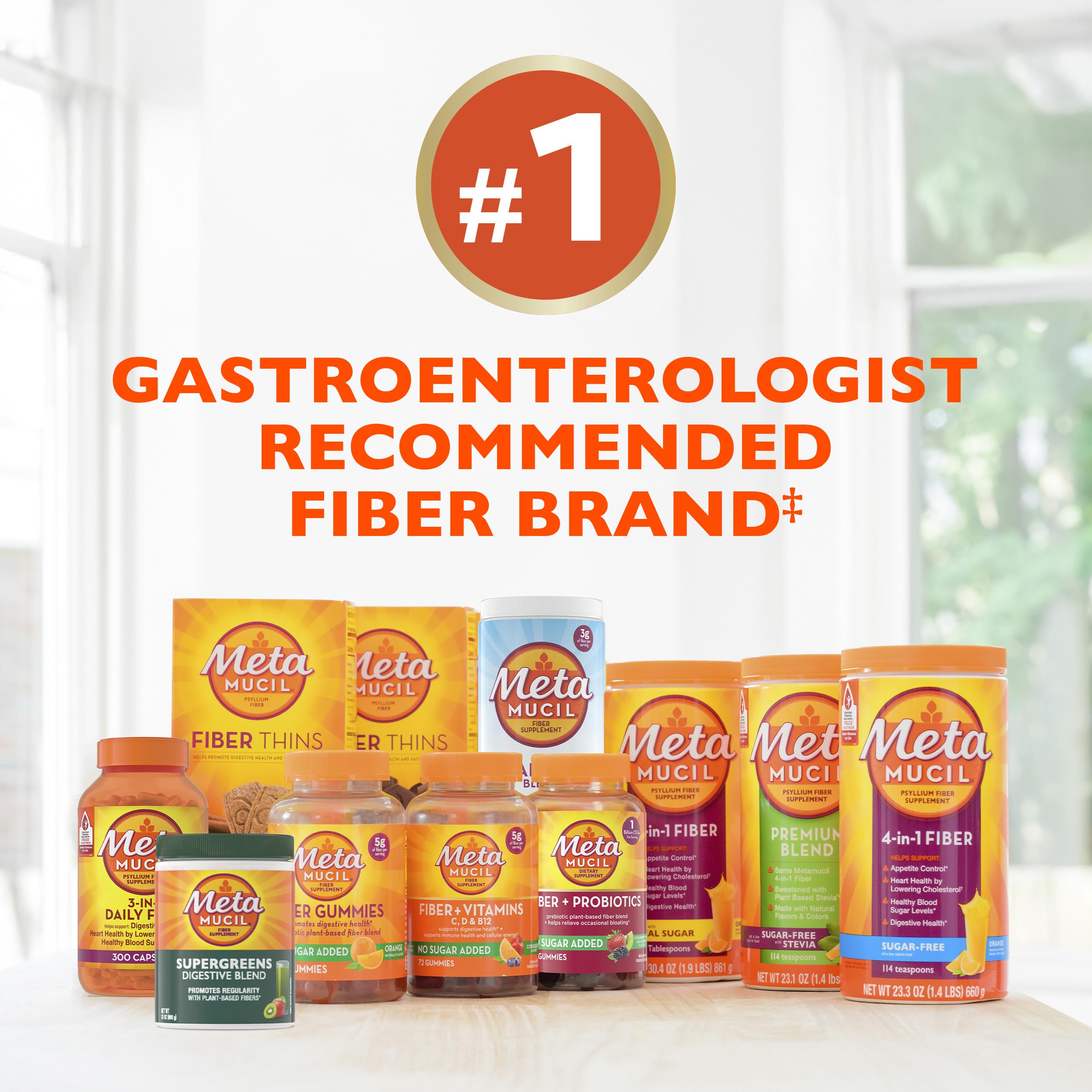 Metamucil 4-in-1 Psyllium Husk Fiber Supplement, Sugar-Free, 72 teaspoons, Orange Flavored, Daily Fiber Powder for Digestive Health, made with Plant-Based Psyllium Husk Fiber