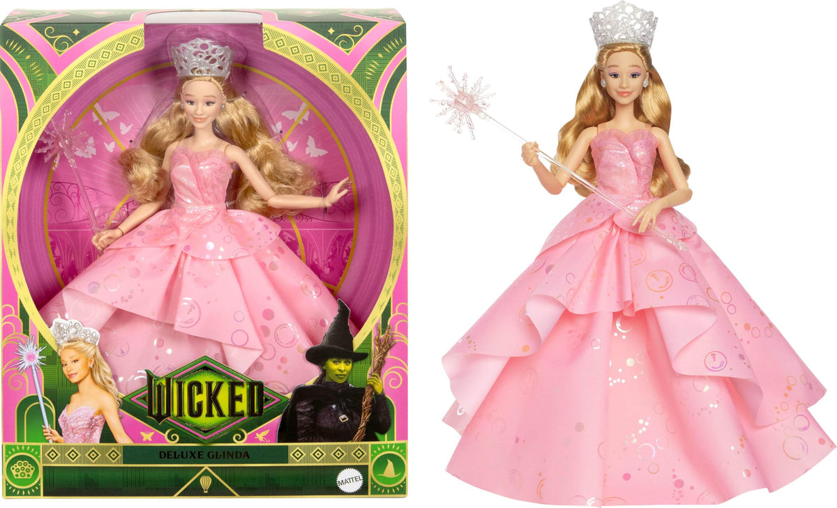 Mattel Universal Wicked Deluxe Glinda Modepuppe & Accessoires inkl. Krone & Zepter, filminspiriertes Aussehen mit Beweglichkeit