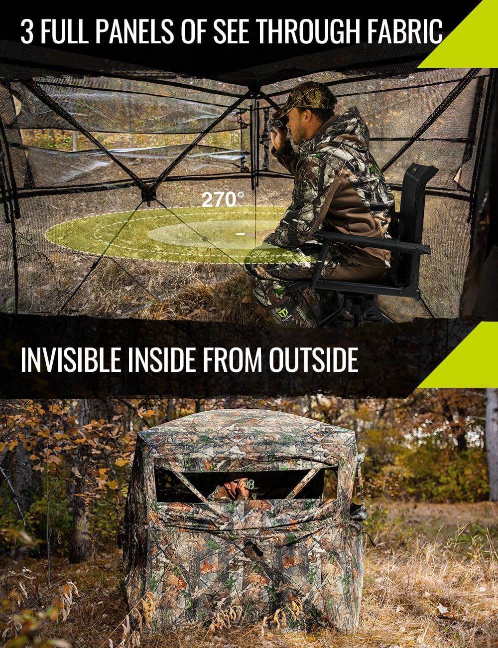 TIDEWE Hunting Blind 270°See Through with Carrying Bag, 2-3 Person Pop Up Ground Blinds, Portable Resilient Hunting Tent (Camouflage)
