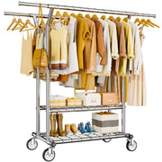 HYSEYY Heavy Duty Clothes Rack, Rolling Clothing Rack With Shelves Load 620 LBS, Double Rod Clothing Racks for Hanging Clothes, Portable& Adjustable Clothes Rack with Wheels Garment Rack