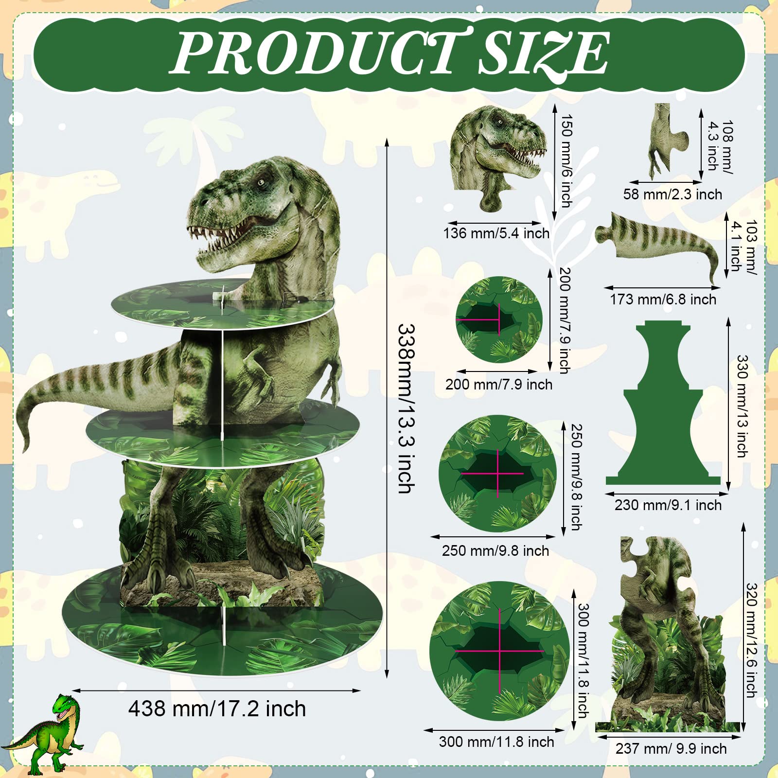 3 Tier Dinosaur Cupcake Stand Party Decorations Dinosaur Theme Cupcake Holder Decorations Dino Dessert Tower for Kids Dino Jungle Theme Party Birthday Supplies(Realistic)