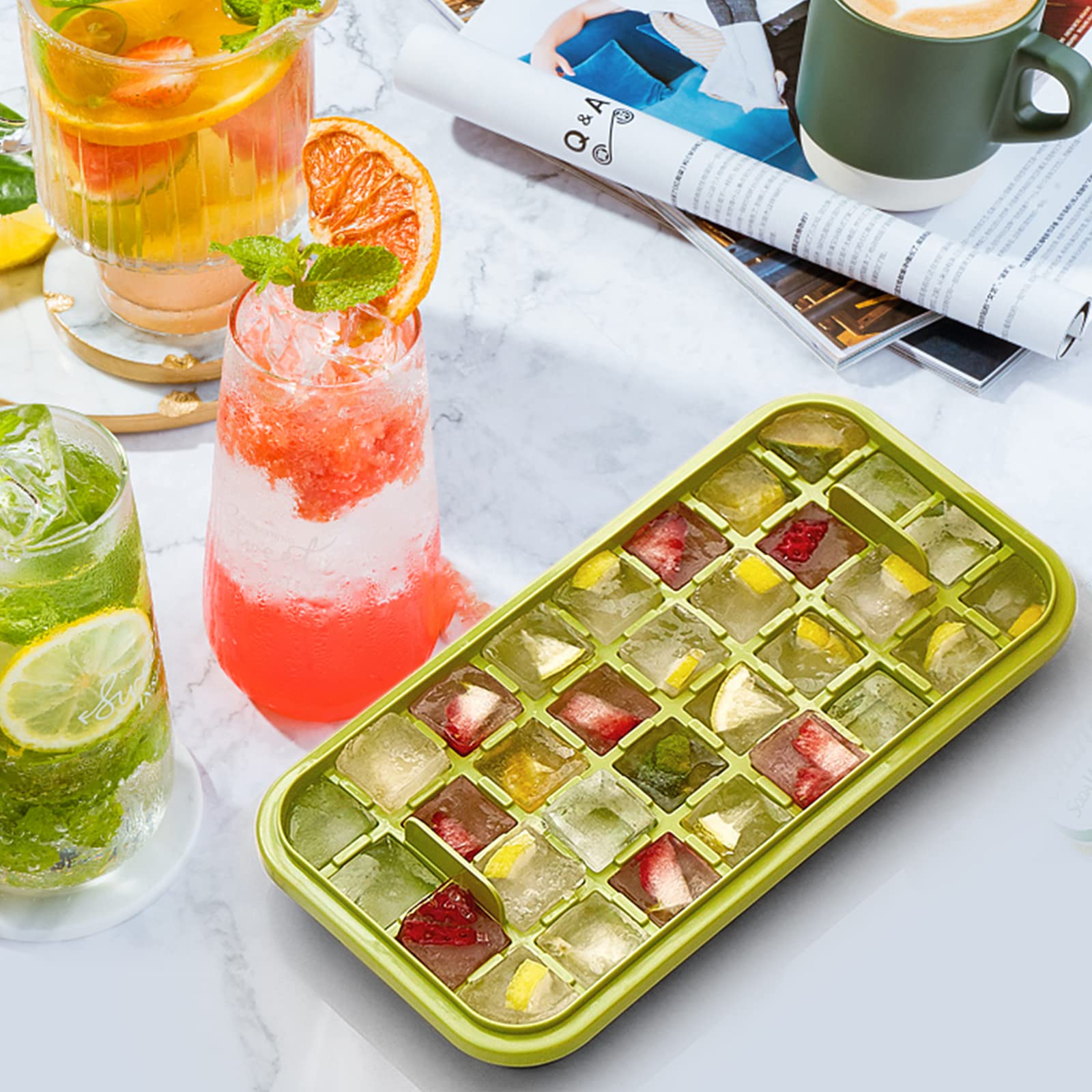 Ice Cube Tray with Lid and Bin, 2 Pack for Freezer, 64 Pcs Ice Cube Mold (Green)