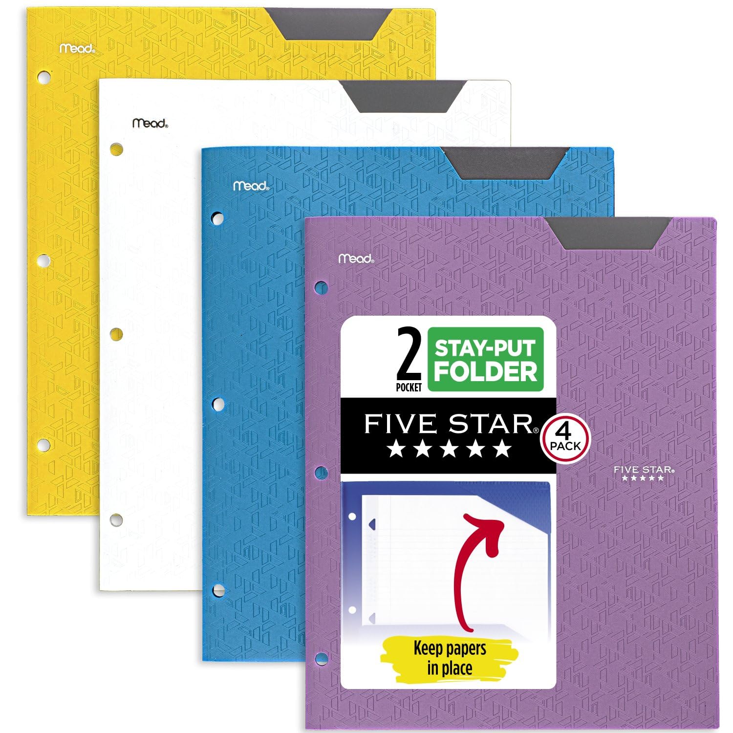Five Star 2-Pocket Folder, 4 Pack, Plastic Folder with Stay-Put Tabs, Fits 3-Ring Binder, Holds 8-1/2" x 11" Paper, Tidewater Blue, White, Amethyst Purple, Harvest Yellow (38065)