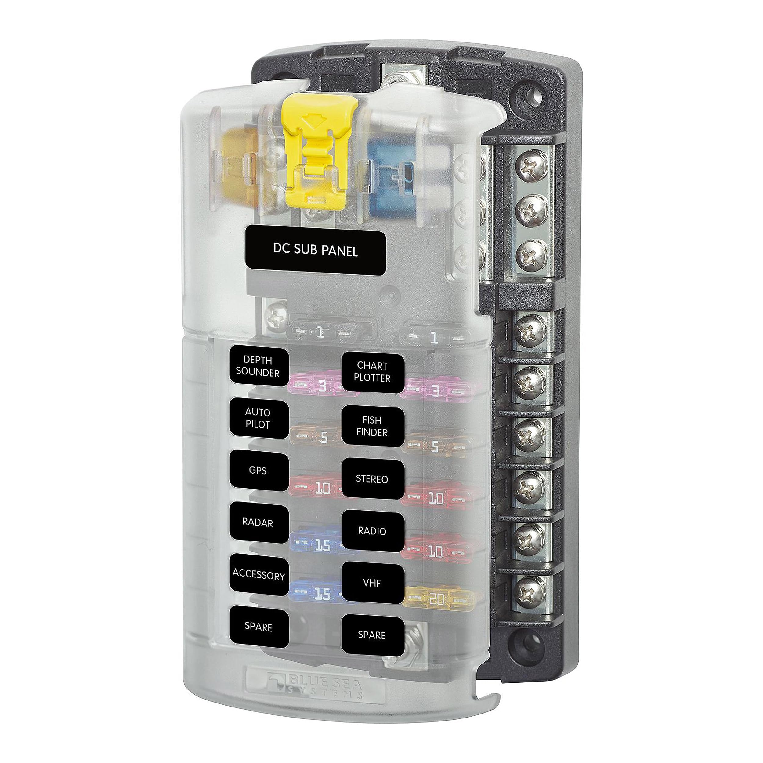 Blue Sea Systems 5026 ST Blade Fuse Block 12 Circuit with Ground and Cover, 100 Amps