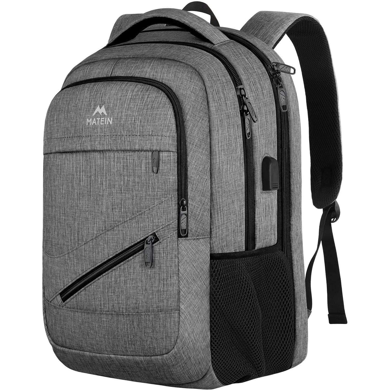 MATEIN Travel Laptop Backpack, 17 Inch Work TSA Approved Carry on Backpack, Large Computer Business Bag for Men Women with USB Port and Trolley Sleeve, College School Rucksack Book Bag, Grey