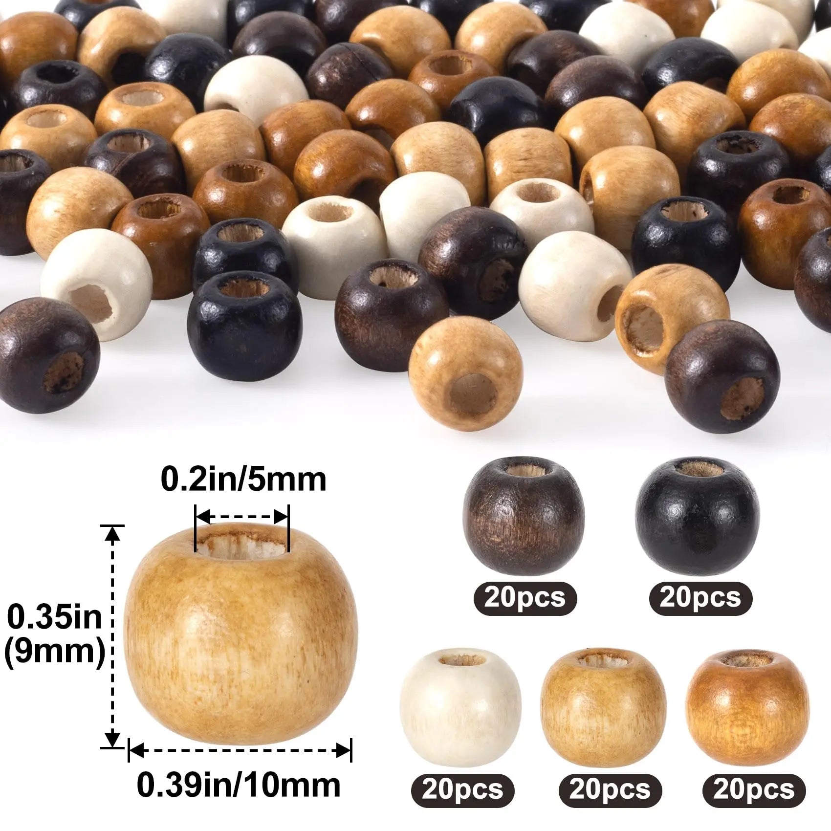 Pndeyo 100pcs Large Hole Wooden Beads for Crafts, Vintage Round Natural Wood Hair Bead, 5 Colors 9X10mm Wooden Loose Spacer Beads for Macrame Necklace Bracelet Hair DIY Craft Handmade Decor