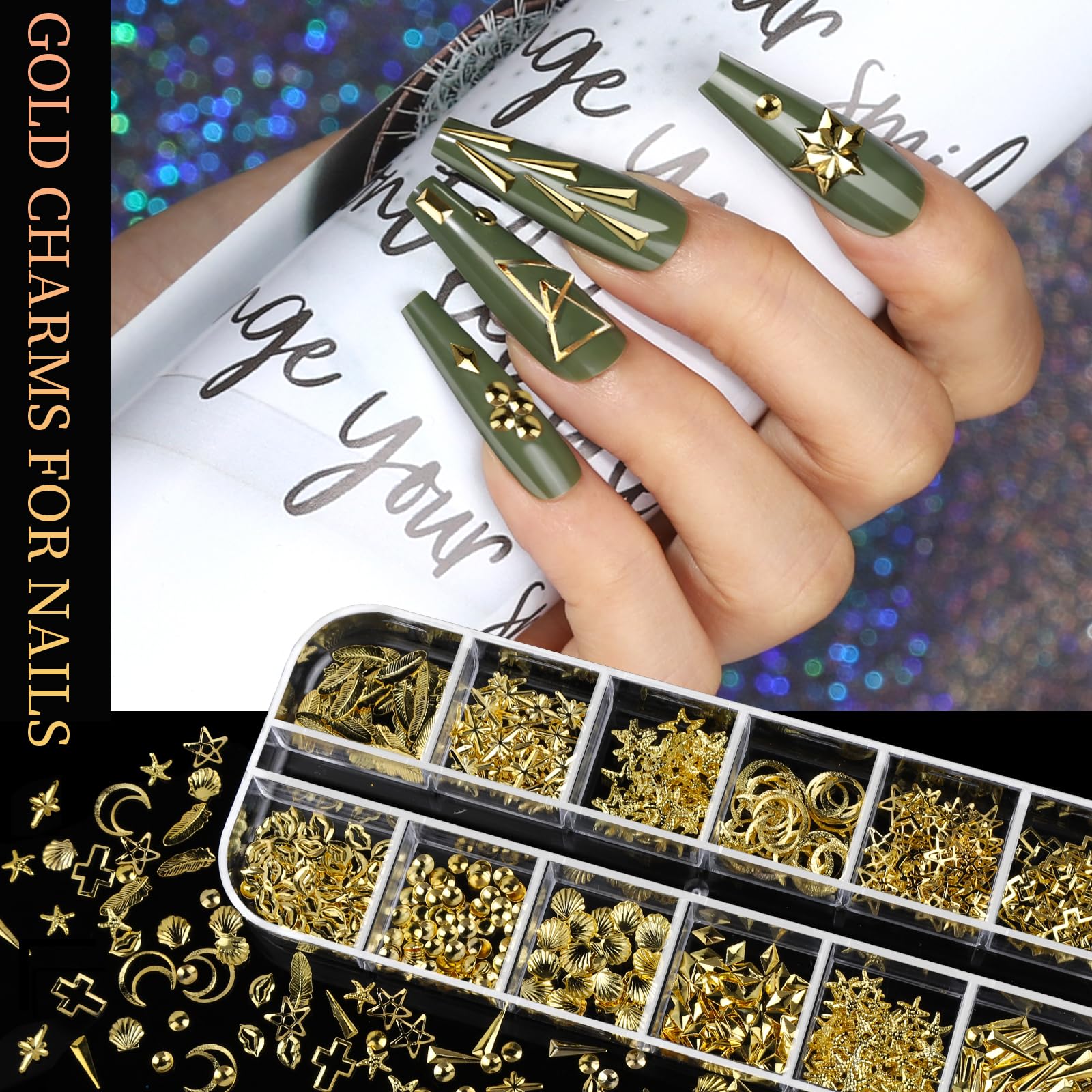 Teenitor Gold Nail Charms and Gems Set, 4 Boxes Nail Gems Nail Pearls Nail Art Tools, 3D Cross Nail Charms Heart Nail Rhinestones for Nails Supplies, Charms for Nails Design Nail Art Kit