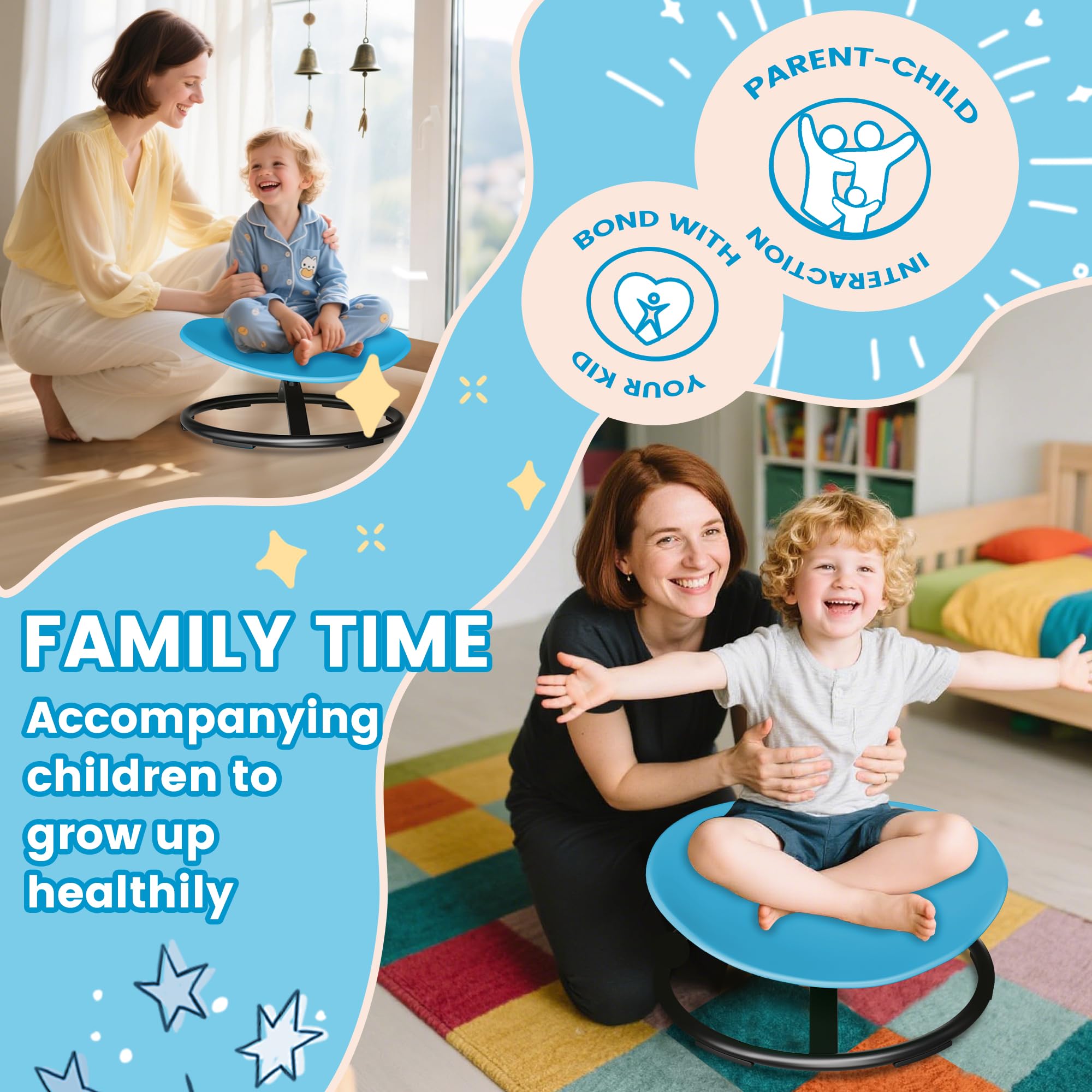 21" L × 19" W Large Size Spinning Chair for Autistic Kids, Toddler Sensory Spinning Chair, Sensory Toys Gifts for Kids with Autism & ADHD, Sit and Spin Training Body Coordination, Azure Rounded Shape