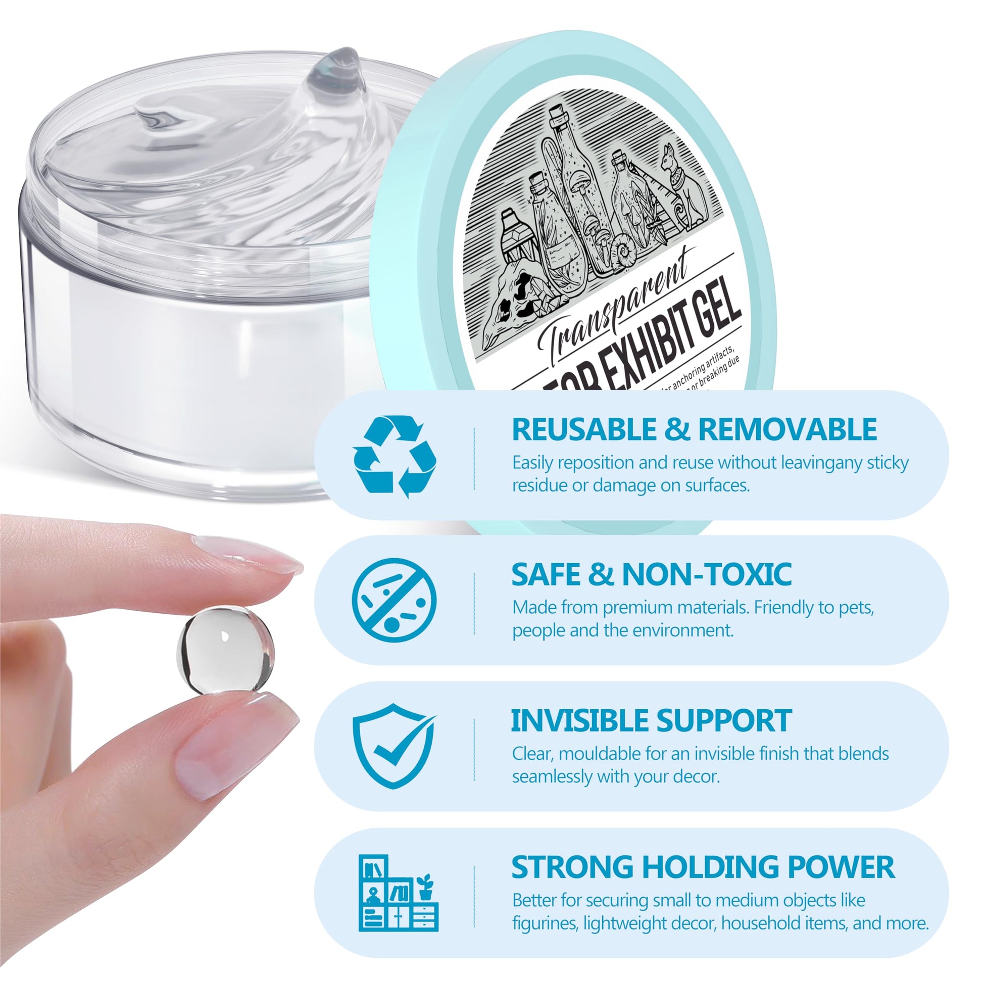 6 oz Exhibit Gel for Museum Exhibits, Removable Clear Exhibit Wax for Museum Collections, Reusable Exhibit Putty for Antiques, Glass, Ceramic and Action Figures.