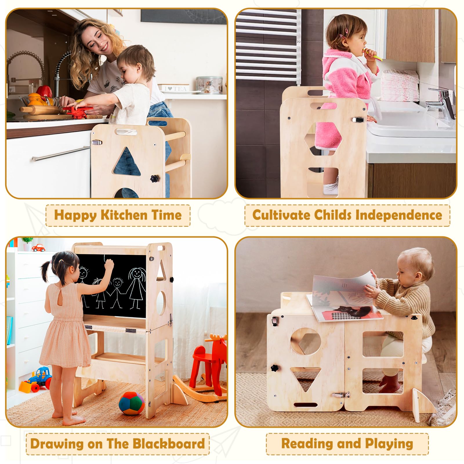Woodure 4-in-1 Toddler Kitchen Step Stool, Foldable Learning Standing Tower with Blackboard, Wooden Kitchen Stool Helper for Kids, 1-3 Year Old Boy Girl Gifts