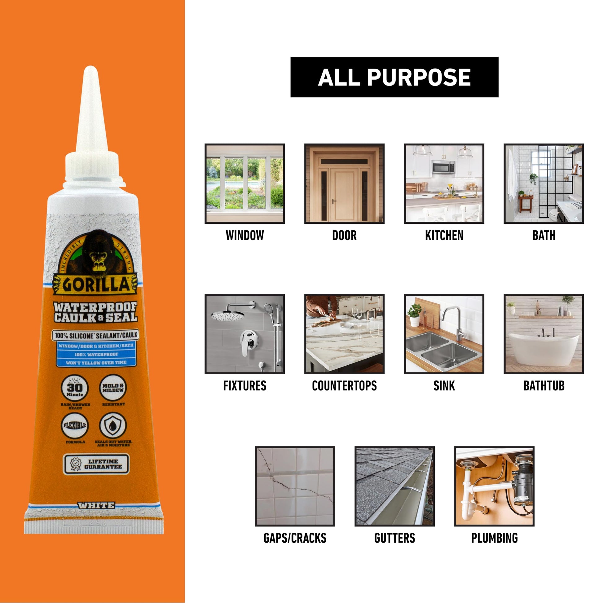 Gorilla 100% Silicone Caulk, Waterproof Sealant, 2.8oz Squeeze Tube (Pack of 2) – White -10 Year Mold Resistant Kitchen, Window, Bath, Marine, Door and More