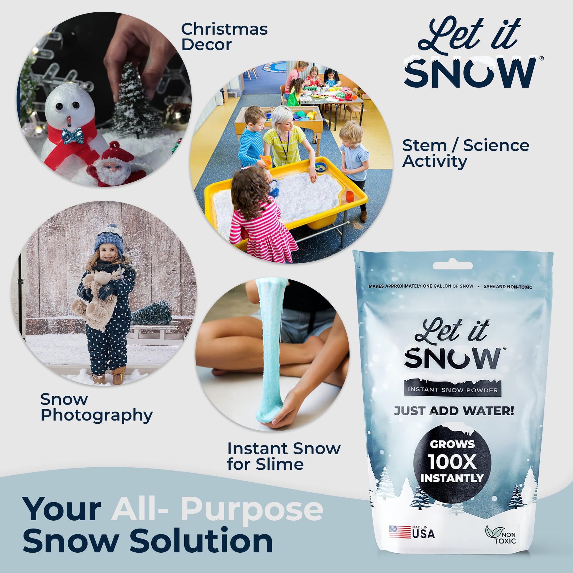Let it Snow Instant Fake Snow Powder – Made in USA, Perfect for Kids, Holiday Decorations, Sensory Play, and Slime - 1 Pack - Makes 1 Gallon