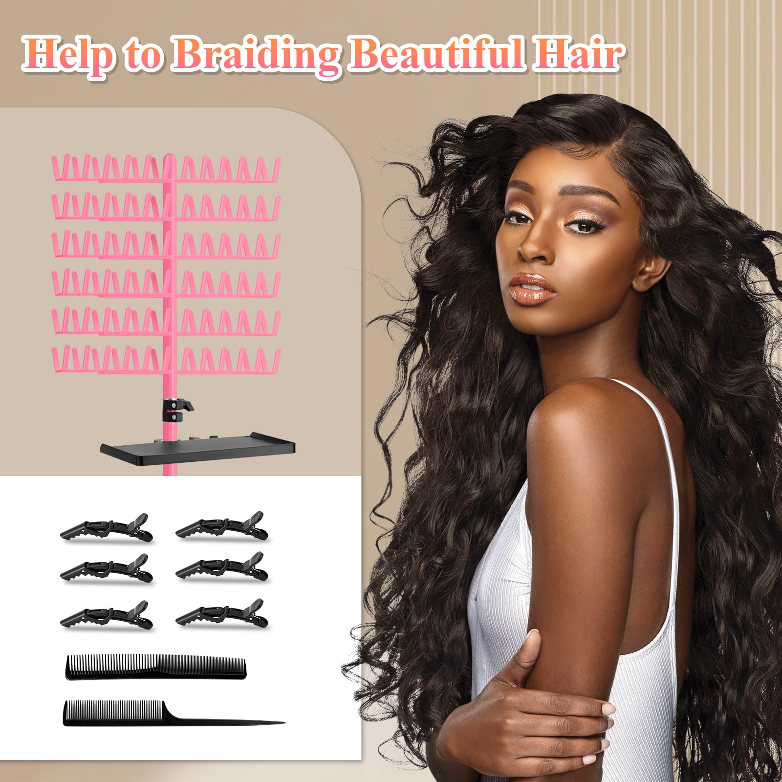 OLMRJKD Braiding Hair Rack with Tray, 144 Pegs Height Adjustable Braiding Rack, 2-side Hair Extension Holder Hanger, Hair Stand with Stylist Hair Braiding Tools for Hair Salon Home Traveling (Pink)