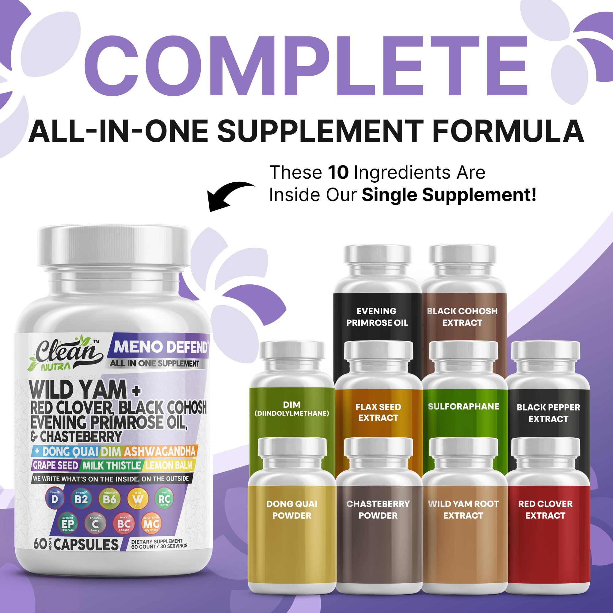 Clean Nutra Wild Yam Root Capsules with Red Clover Black Cohosh Evening Primrose Oil Chasteberry Dong Quai DIM Ashwagandha Grape Seed Extract Milk Thistle Lemon Balm and more Hormone Balance For Women