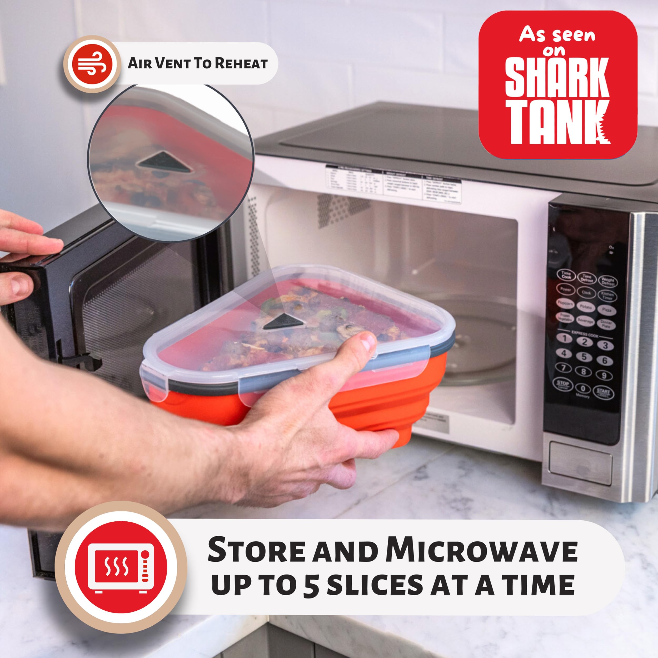 The Perfect Pizza Pack™ - Reusable Pizza Storage Container with 5 Microwavable Serving Trays - BPA-Free Adjustable Pizza Slice Container to Organize & Save Space, Red