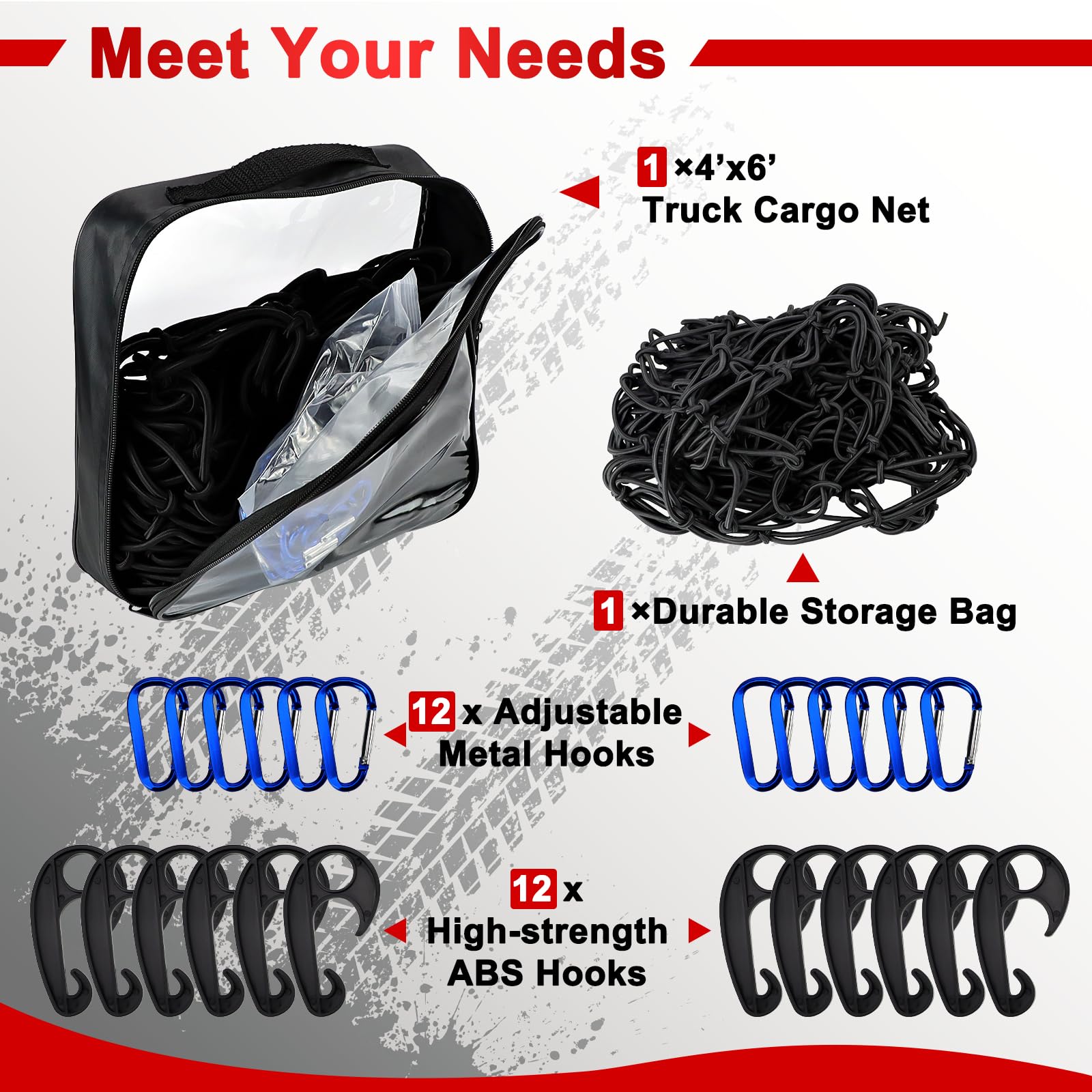 4’x6’ Truck Cargo Net Expands to 8' x 12' with 4"x4" Mesh Grid Super Duty Bungee Heavy Duty Bed Netting for Truck Bed Stretches with 12 Adjustable Metal Carabiners by Cenipar