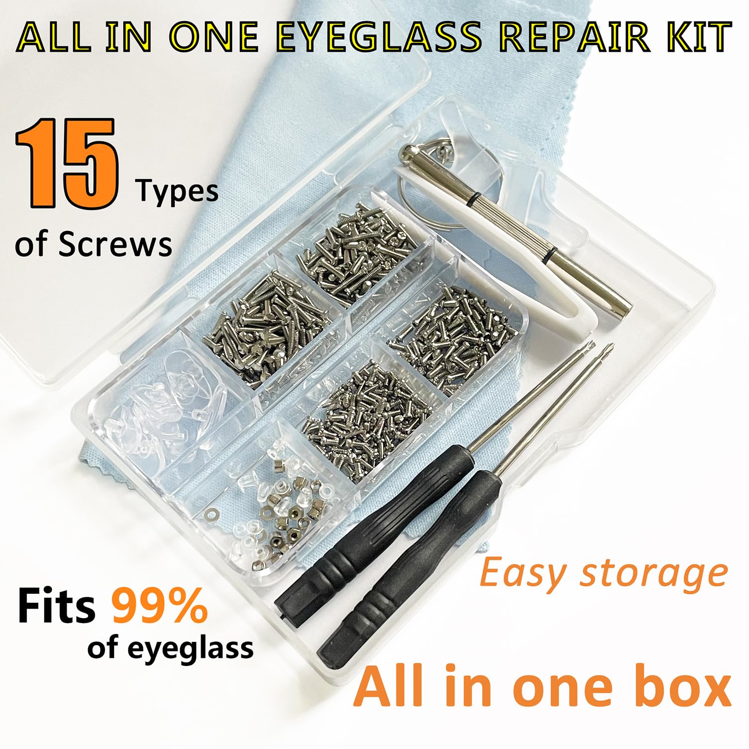 PTSLKHN Eyeglass Repair Kit with Screws, 15 Types Screws for Eyeglasses - Frame Screws, Hinge Screws, Nose Pads Screws - Essential Eye Glasses Repairing Kit Tool