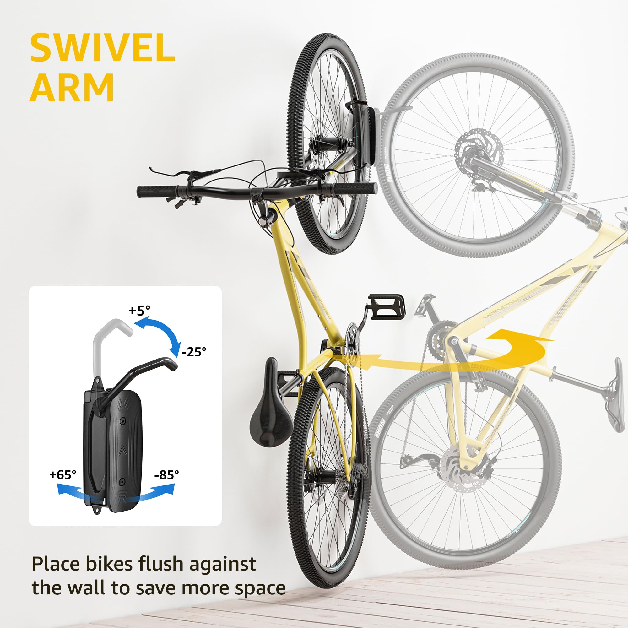monTEK Swivel Bike Wall Mount, Bike Hangers for Garage, Space-Saving Vertical Bike Rack, Sturdy Bike Storage Rack Holds Up to 66lbs, Easy to Install, 2 Pack
